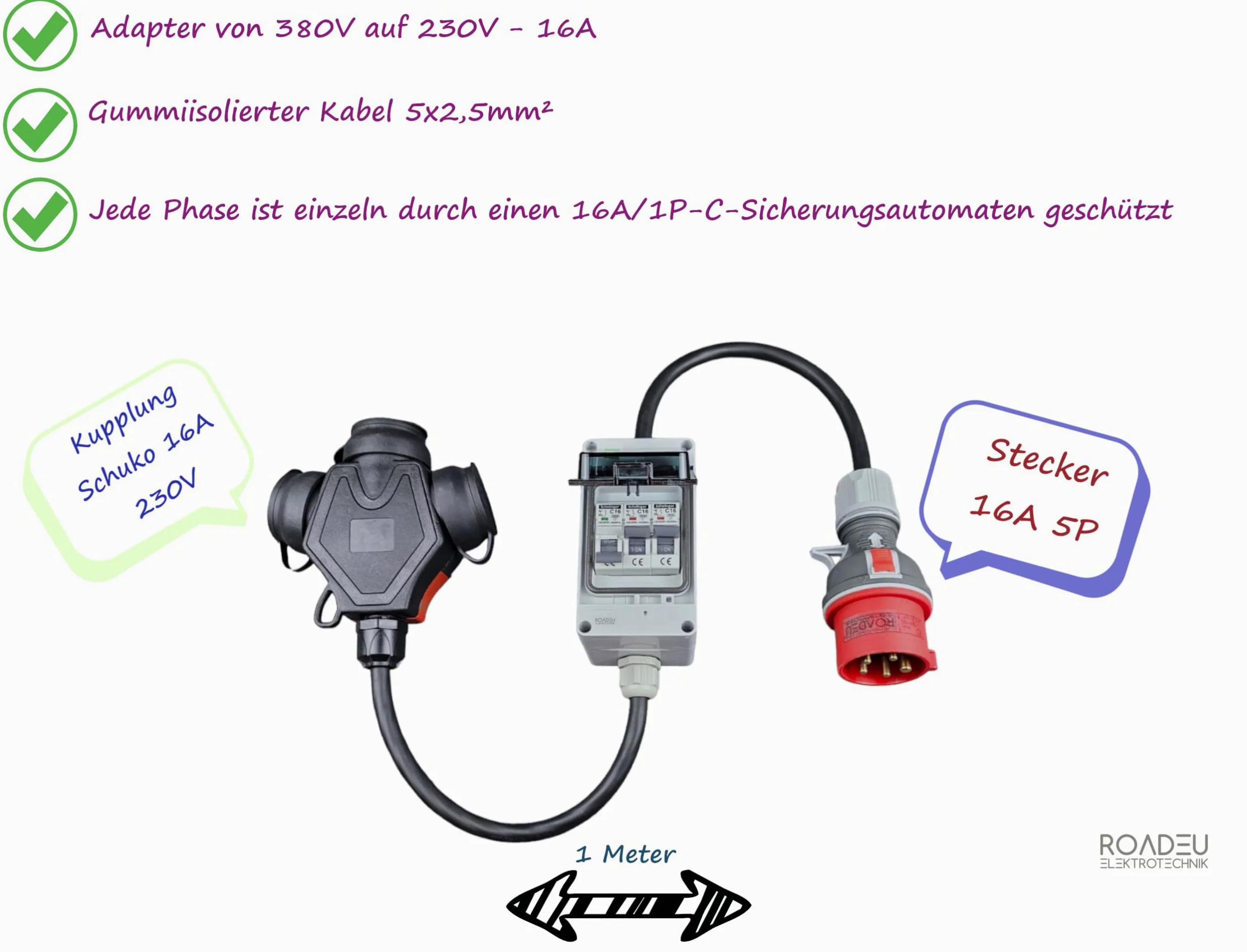 RoadEu - Adattatore ad Alta Corrente con Interruttori. Spina 16A, presa 3x 220V. Scatola fusibili con Interruttore automatico C16A. Prolunga 1m, Ideale per il garage il capanno o il giardino