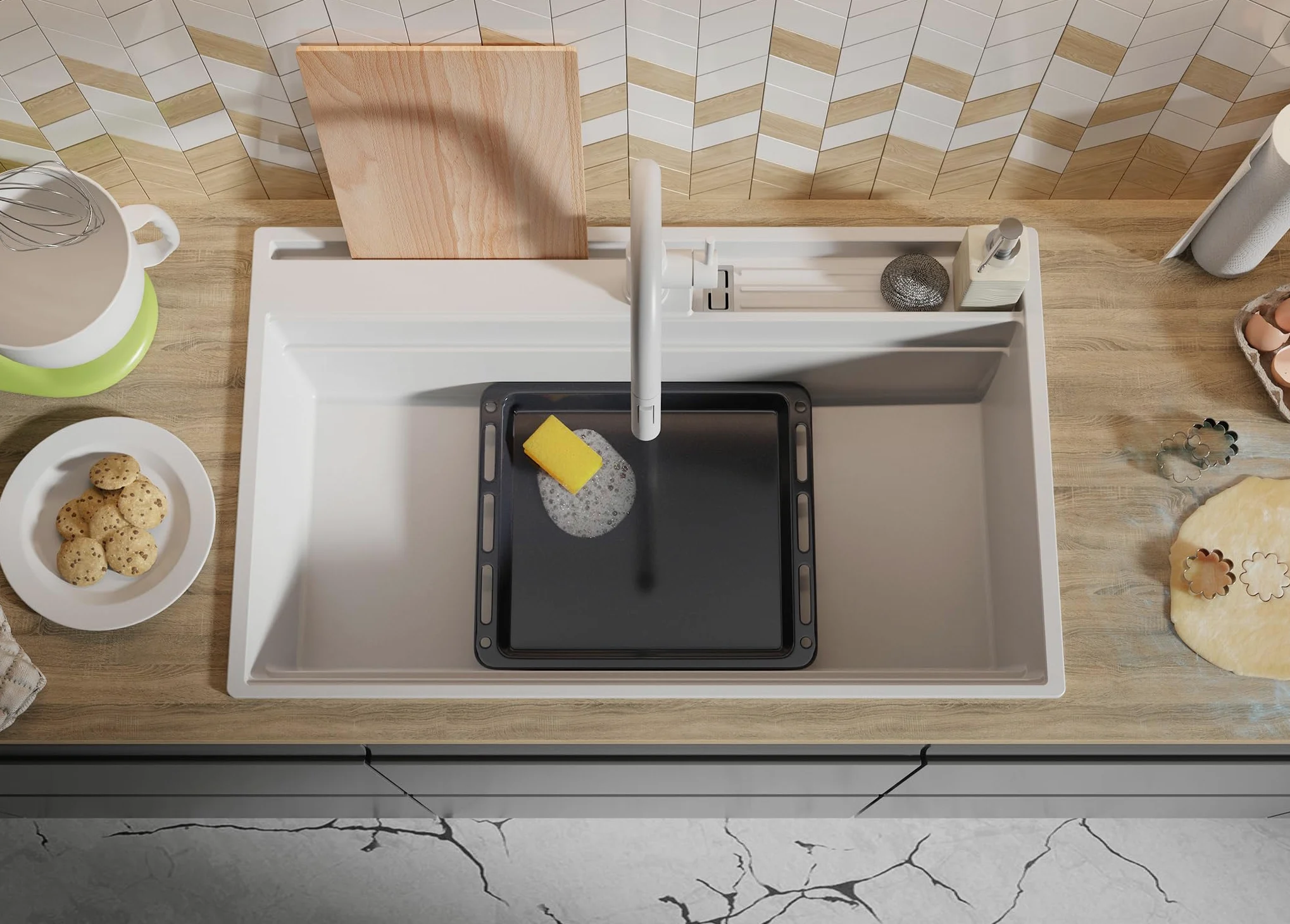 PRIMAGRAN Lavello da Cucina Bianco 88x53cm, Lavandino in Granito a 1 vasca + Sifone Classico, Lavabo da Cucina Incasso al Mobile 90cm - Oslo 90 Pocket S456
