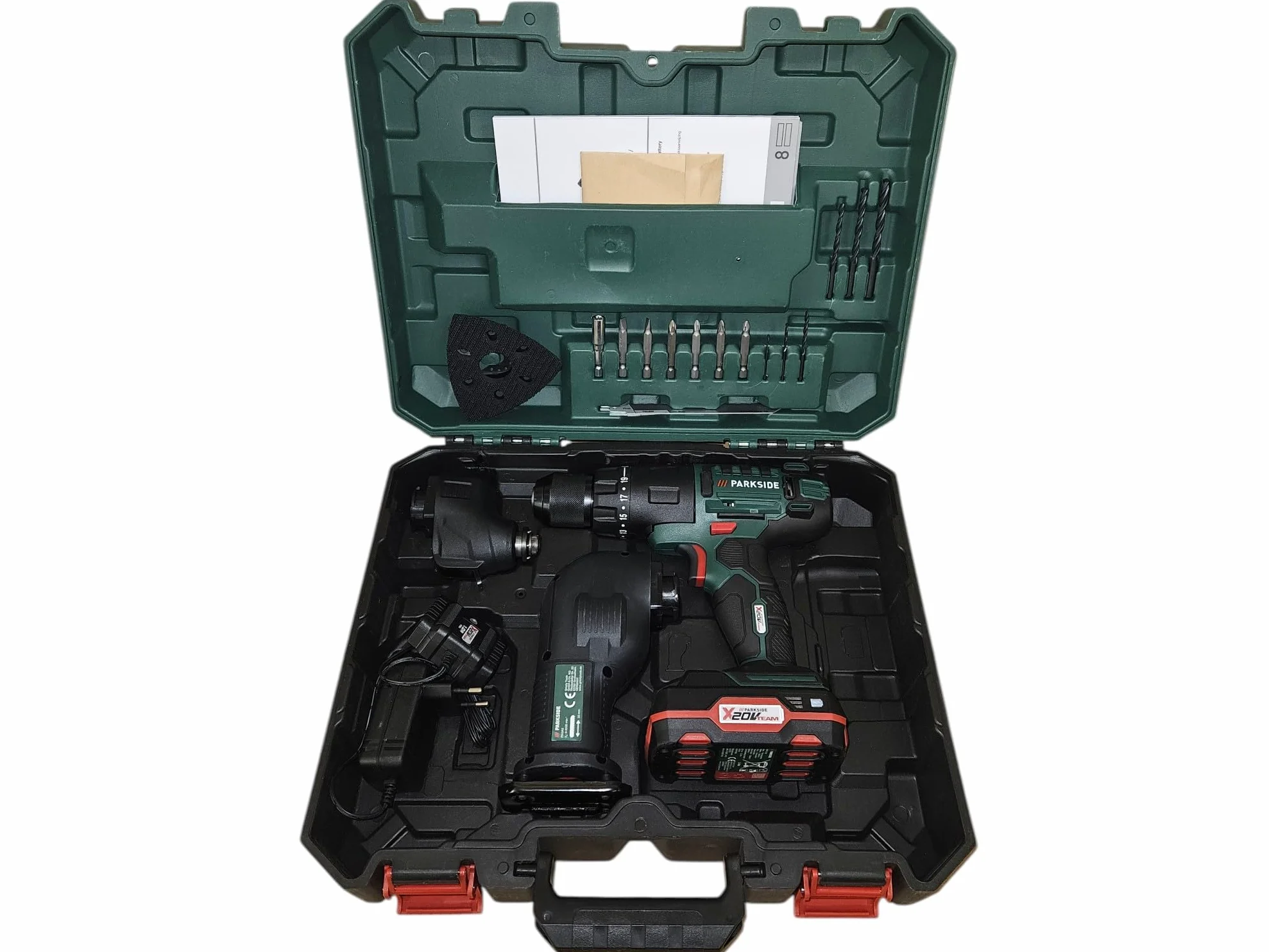 Parkside Strumento combinato multifunzione 4 in 1 da 20 V, senza fili, unità nuda, trapano, levigatrice multipla, sega a sciabola, strumento oscillante per cambiare rapidamente e facilmente gli