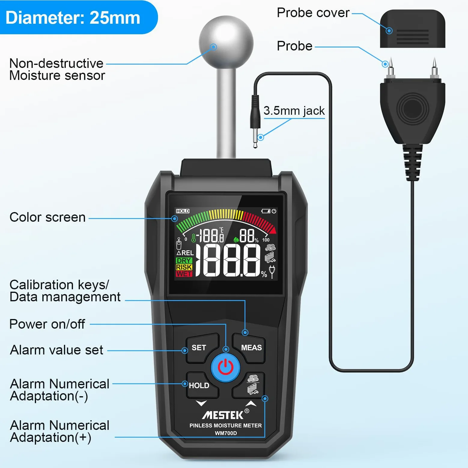 Misuratore di Umidità, MESTEK Igrometro,2 in 1 Misuratore Umidità Muri con LCD a Colori e Allarme Acustico, Profondità di Analisi 20-40 mm,per Legni, Parete, Pavimenti, Legno, Gesso