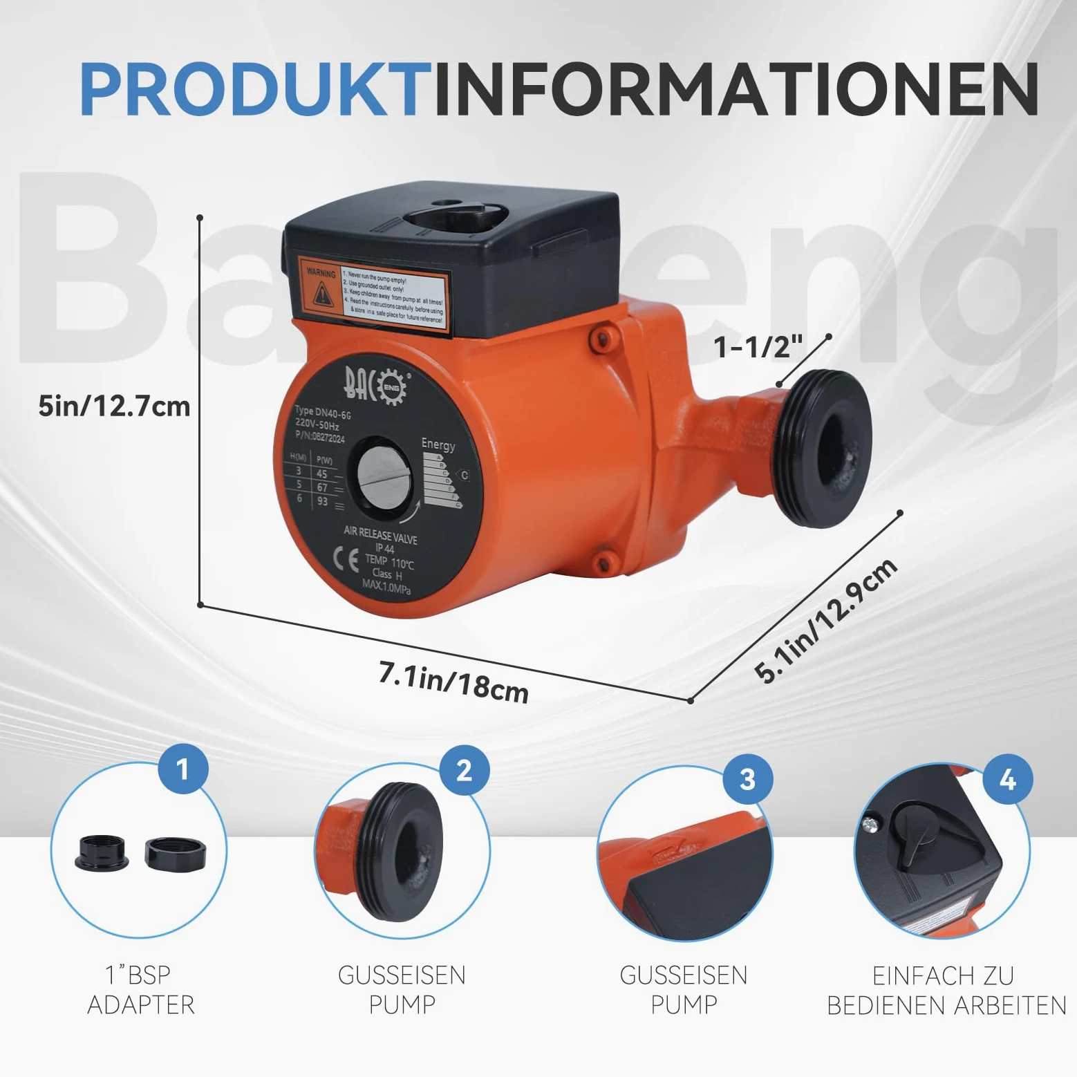 BACOENG Pompa di Circolazione Pompa di Riscaldamento RS 25/6-180 Circolatore Pompa Acqua per Riscaldamento Centralizzato 220V/50 Hz