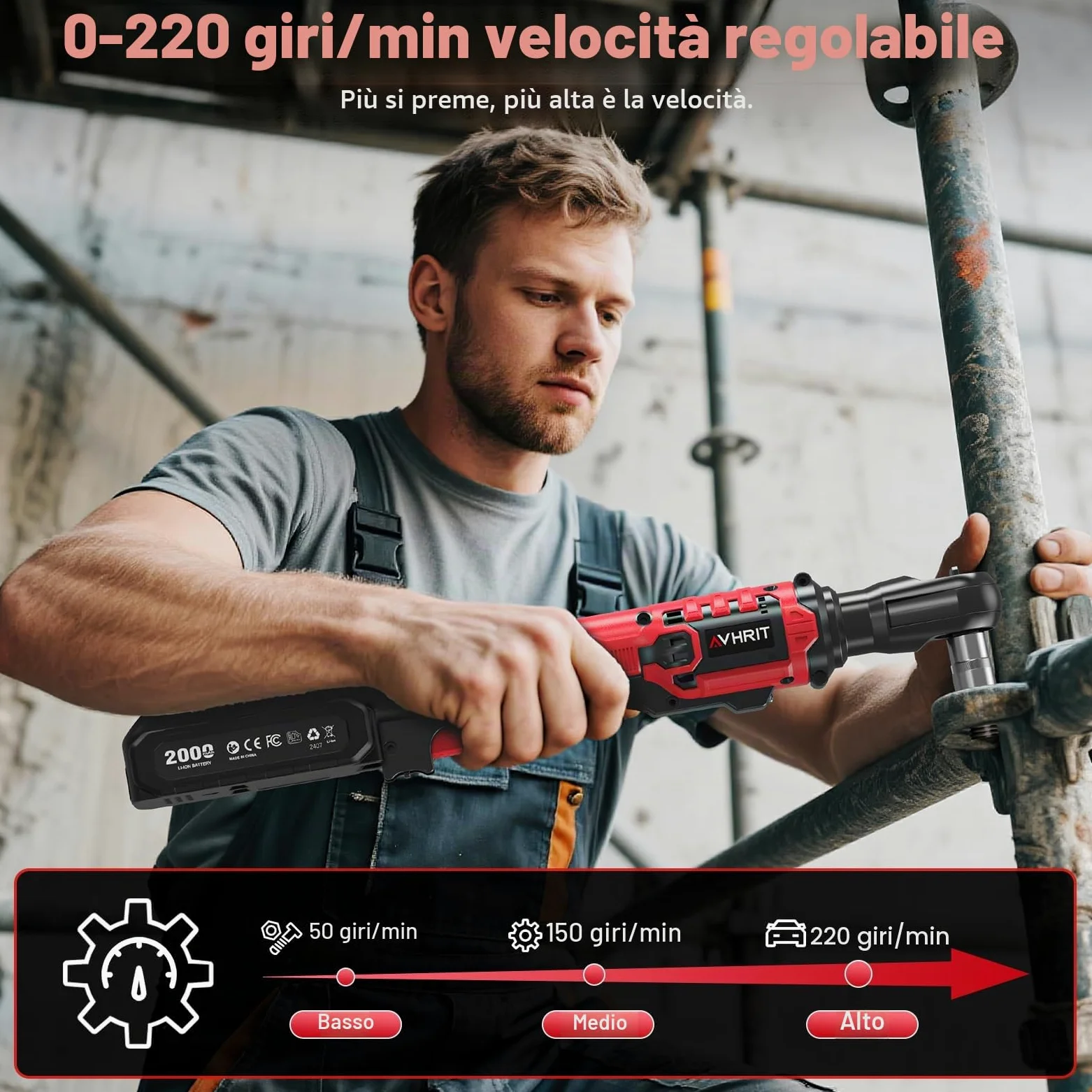 Chiave a cricchetto elettrica 3/8" Senza Fili: 120Nm (88 Ft-lbs) + 200 RPM, con 2 Batterie 2.0Ah, Luce LED e Set da 11 Boccole,Potente chiave elettrica per Auto e Riparazioni Domestiche