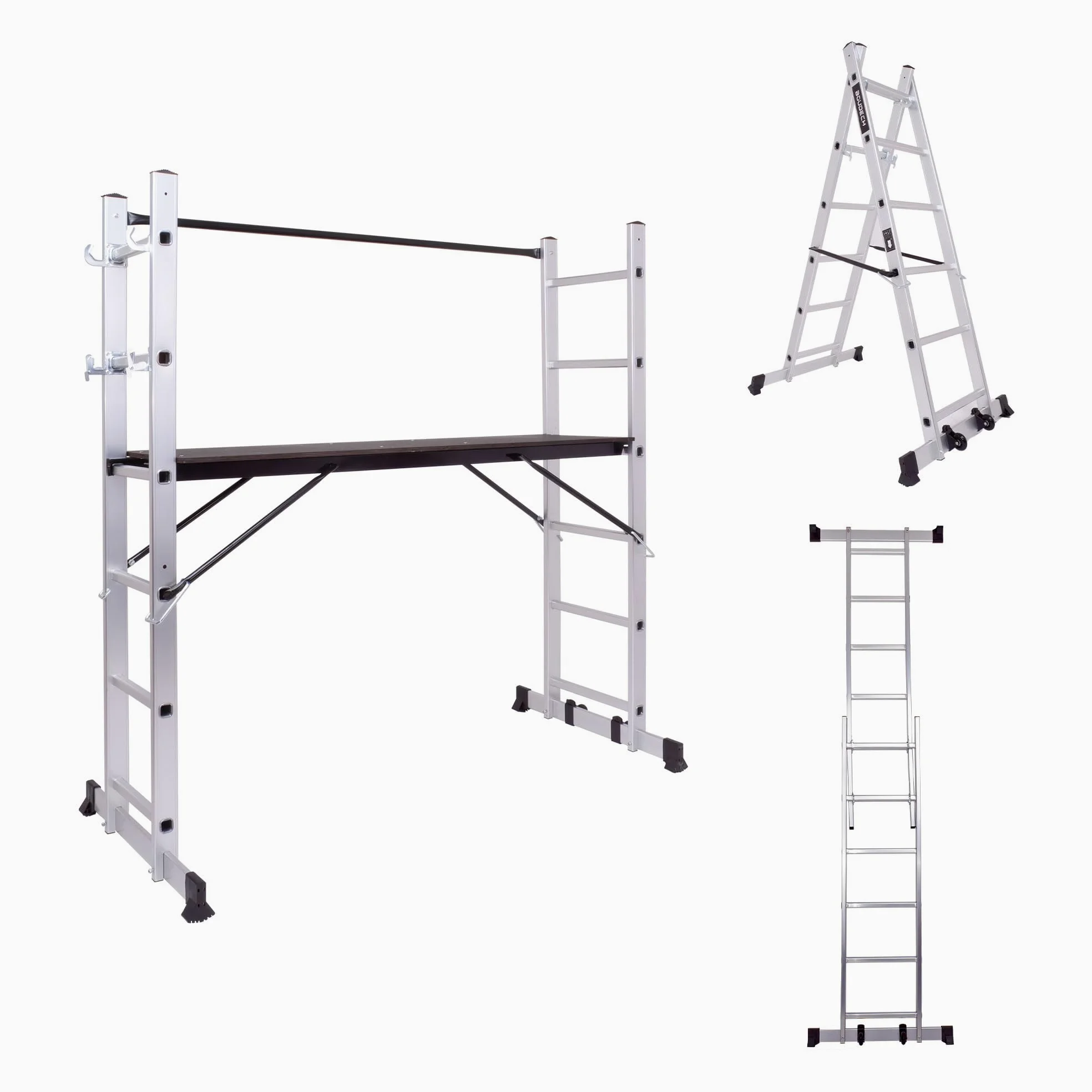 BOUDECH® RIG 100 – Impalcatura Multifunzione Trabattello 3 in 1 H165,5 cm Scala Ponteggio da Lavoro con Ruote in Alluminio Portata max 150 Kg