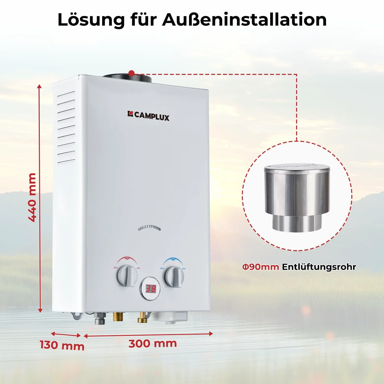 CAMPLUX BW158C Scaldacqua a Gas Tankless, 6 Litri, 12kW, Butano (28-30 mbar) / Propano (37 mbar), per Doccia da Campeggio