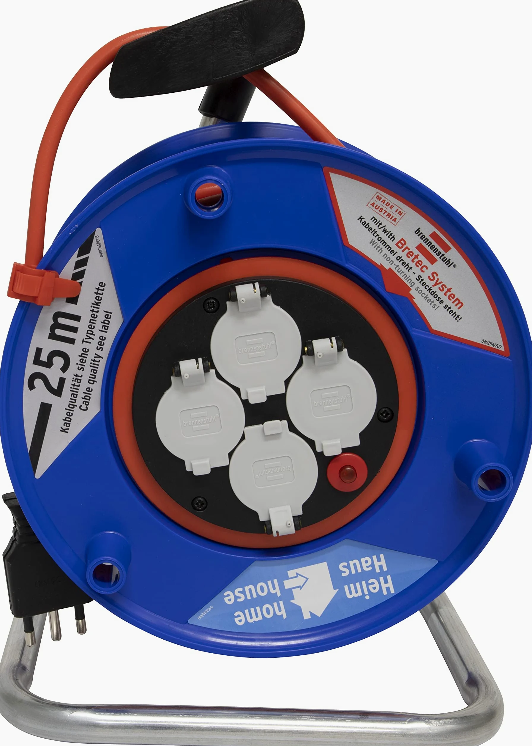 Prolunga Elettrica 25 Metri con Avvolgicavo Brennenstuhl | 4 Prese Elettriche Universali (Schuko + IT 10/16A) | Spina Piatta IT 16A, Cavo 25mt | Cavo H05VV-F 3G1,5 Ideale per Uso Esterno/Giardino