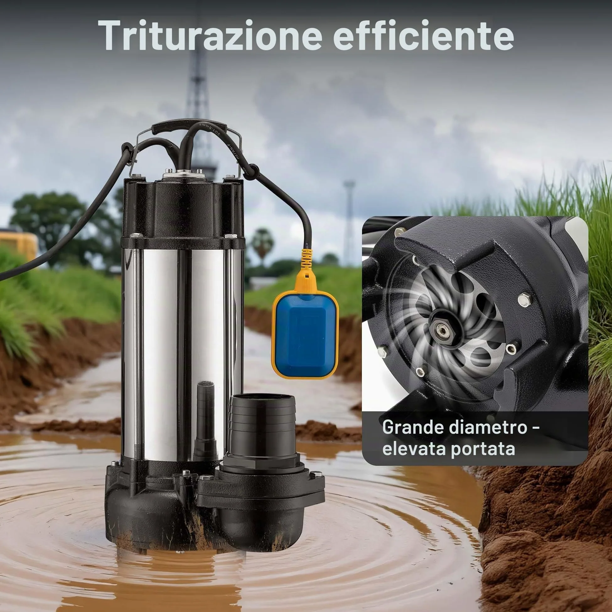Wiltec Pompa sommersa acque nere con trituratore e galleggiante 31.200 l/h 2200 W, prevalenza 10m