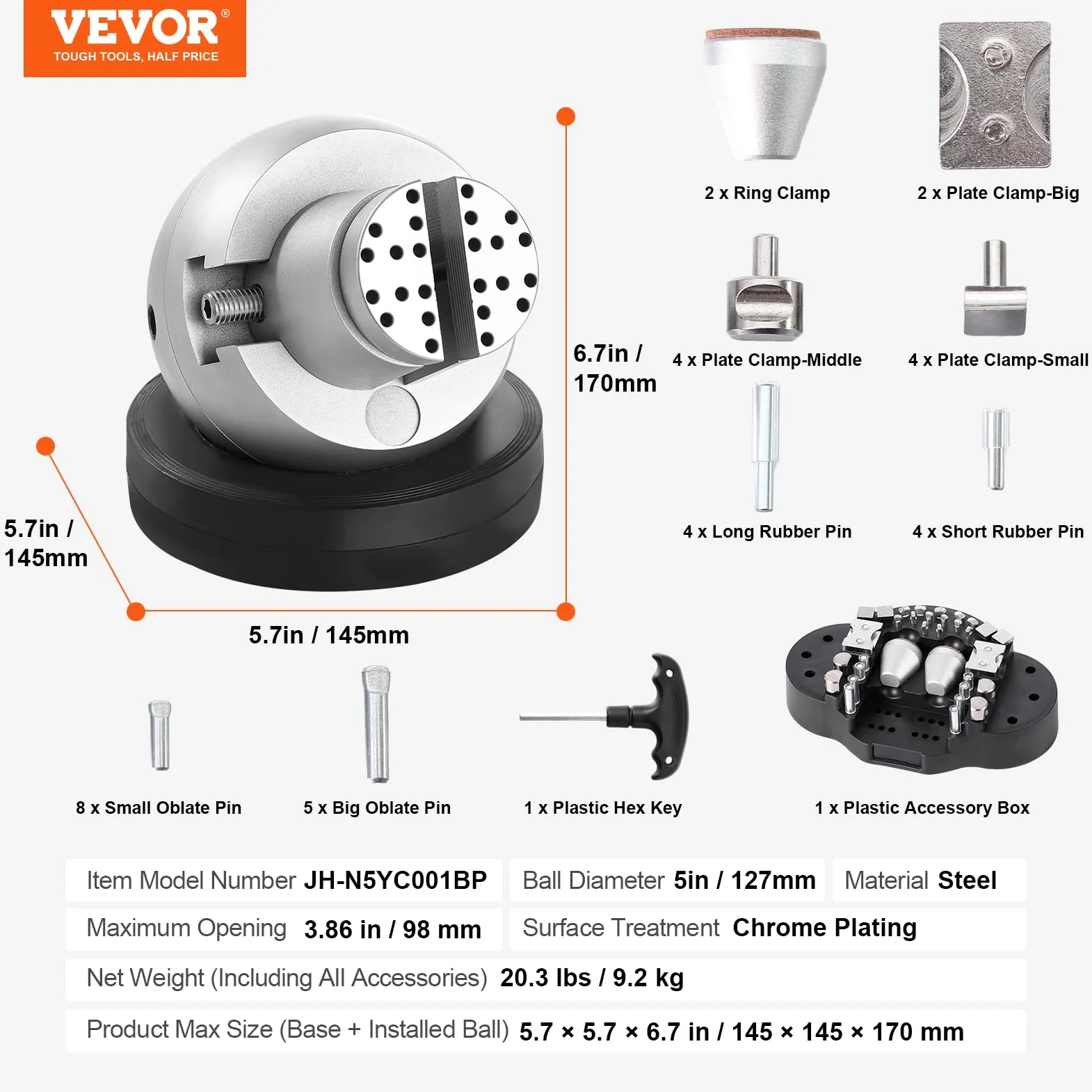 VEVOR Morsa a Sfera, Strumento Impostazione dell'Incisione da 5", Morsa Incisione a Rotazione 360°, Blocco Standard da 35 Pz, Strumenti di Blocco d'Incisione dei Gioielli per Lavorazione dei Gioielli