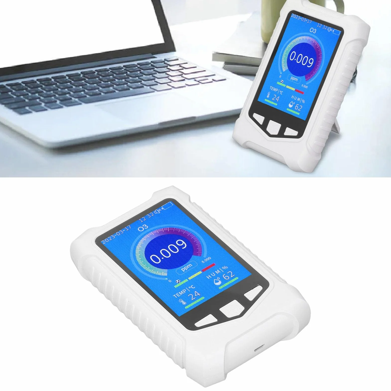 Rilevatore Ozono Portatile LCD con USB e Allarme Regolabile 0-10ppm per Monitoraggio Qualità Aria Casa e Laboratorio