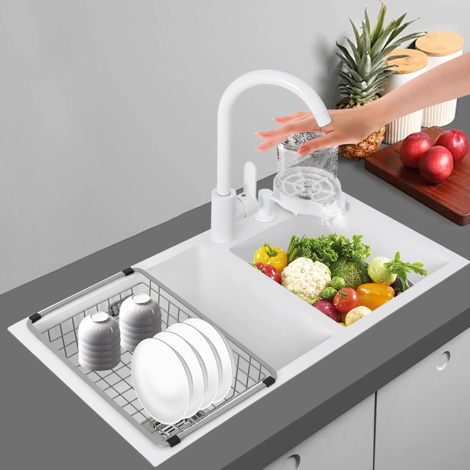 2 lavelli da cucina, 71 x 38 x 21 cm, colore bianco, in acciaio inox, con rubinetto per acqua calda e fredda, rettangolare, con sgocciolatoio, set di lavello da incasso, per appartamenti, ristoranti