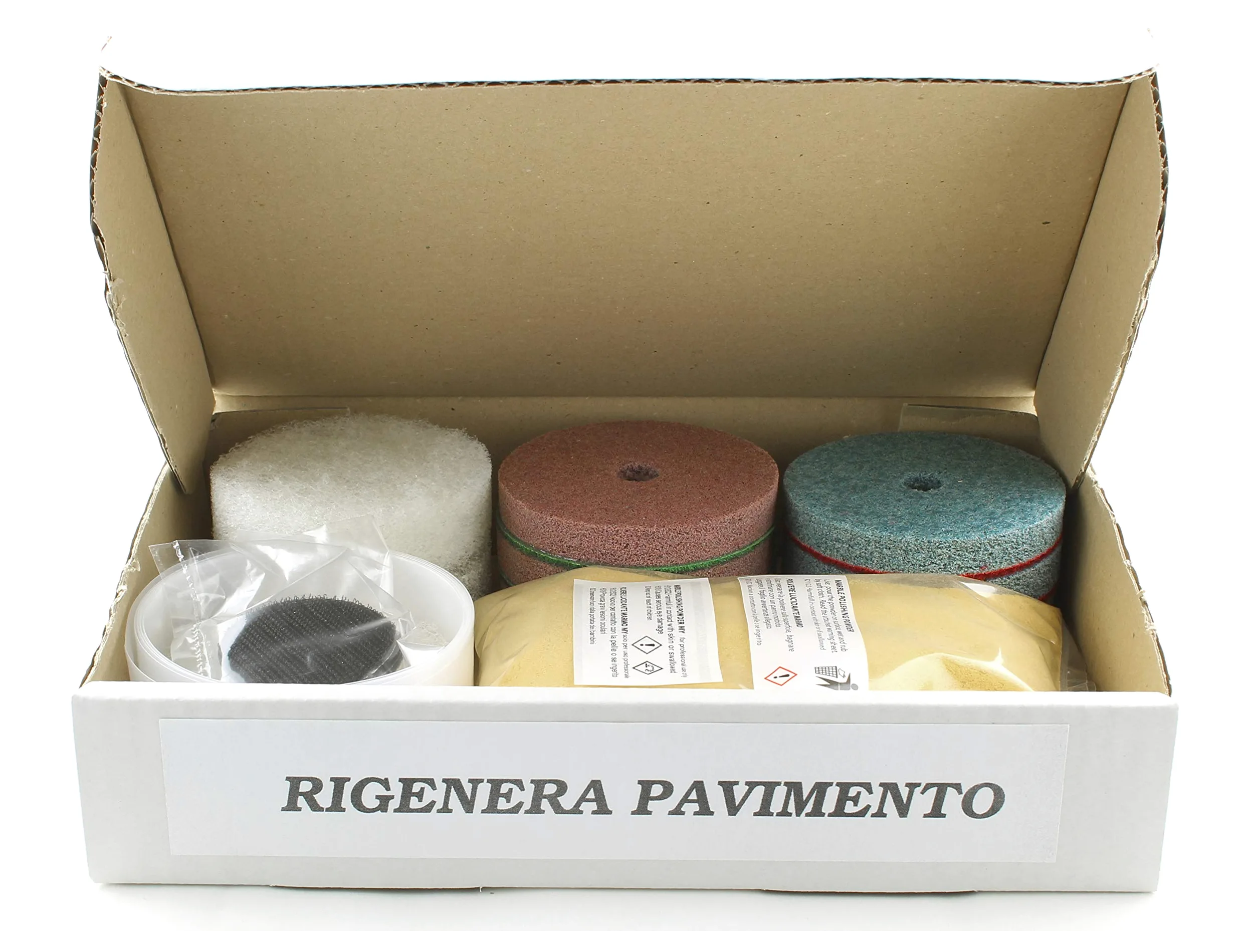 BMC Rigenera Pavimento Marmo kit 3” per utilizzare una normale lucidatrice domestica come levigatrice con dischi abrasivi e lucidanti 80mm per riportare a specchio pavimenti in marmo opachi