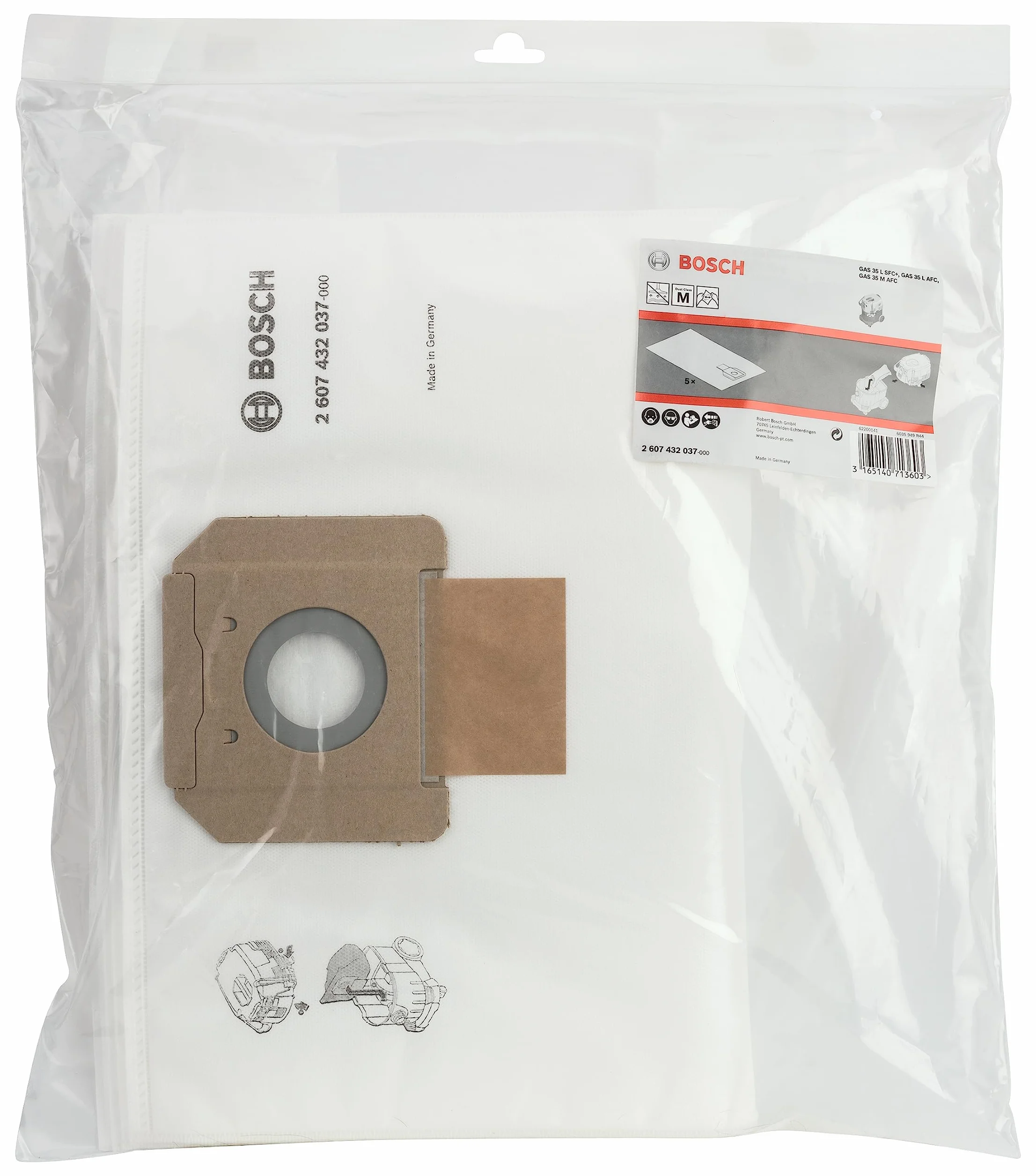 Bosch 5x Sacchetto Filtrante in Tessuto Non Tessuto, Sacchetto di Ricambio per GAS 35 L AFC/ L SFC+/M AFC Professional, per l'Aspirazione a Secco, Accessori per Aspiratori Polvere