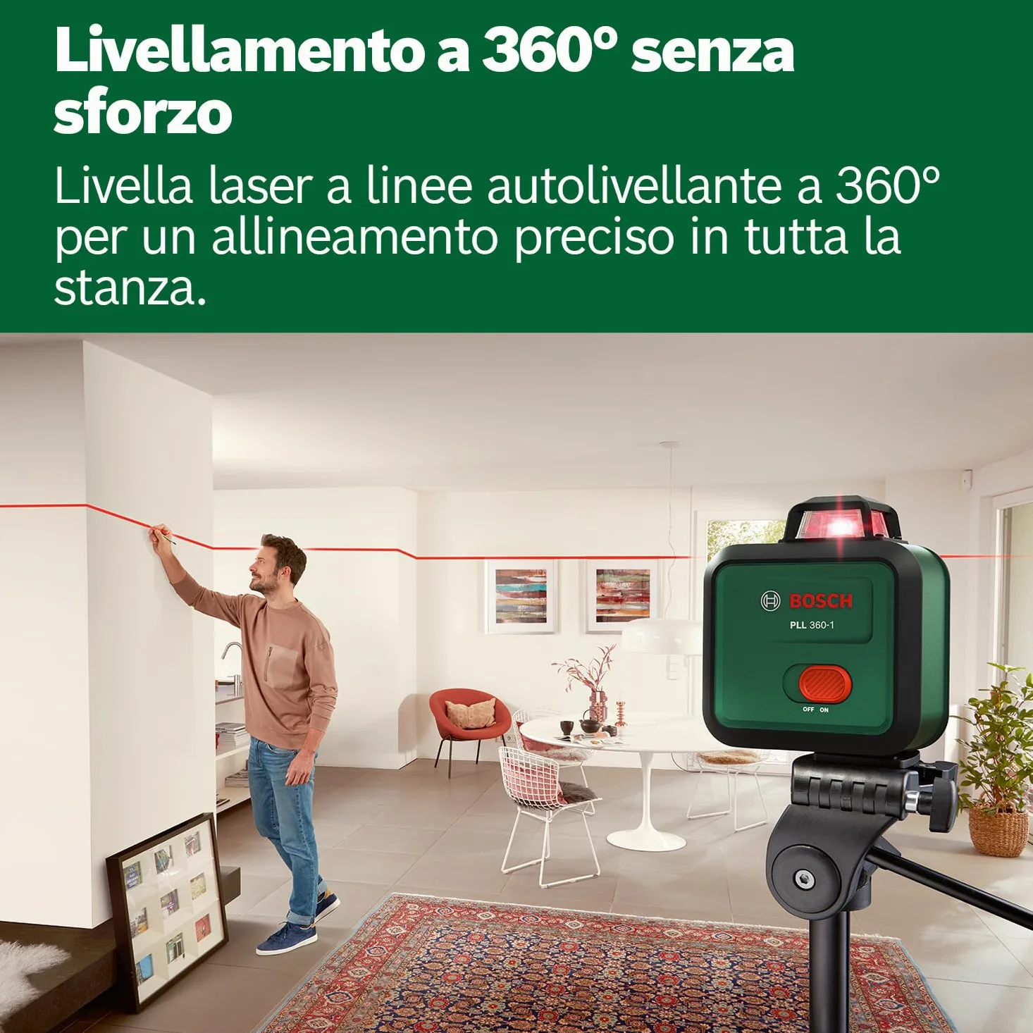 Bosch Livella laser PLL 360-1 (livella laser autolivellante a 360°, precisione ±0,4 mm/m, raggio d'azione 12 m, funzione di inclinazione, in confezione di cartone)
