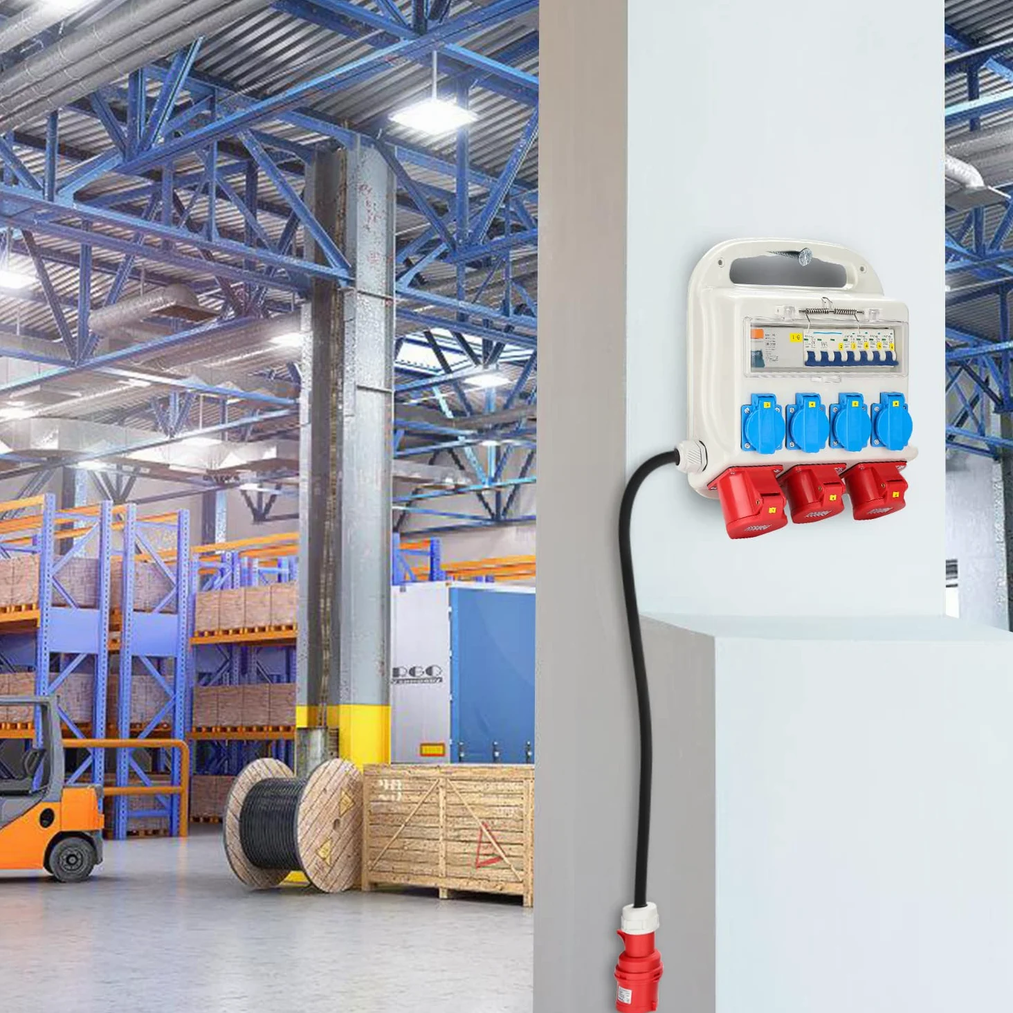 Fiqops Distributore di corrente da costruzione 32a, distributore di corrente 4 x 230 V, 2 x 16 A, 1 x 32 A, 400 V, CEE a 5 poli, con interruttore FI/LS, IP44 con coperchi di sicurezza e tubo,