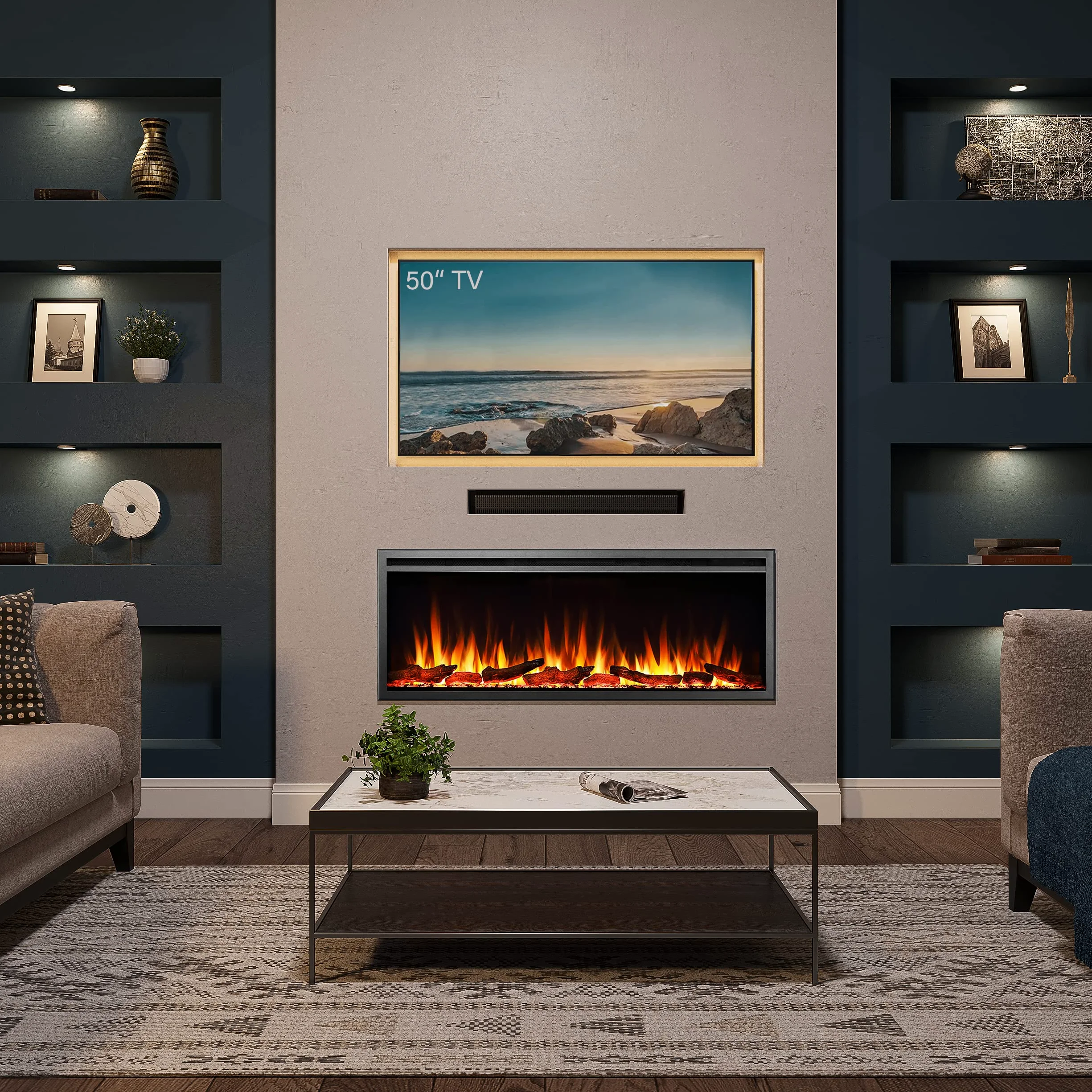 FLAMME Camino elettrico da incasso a parete Castello Slim Frame da 50" con 3 colori fiamma 750W/1500W