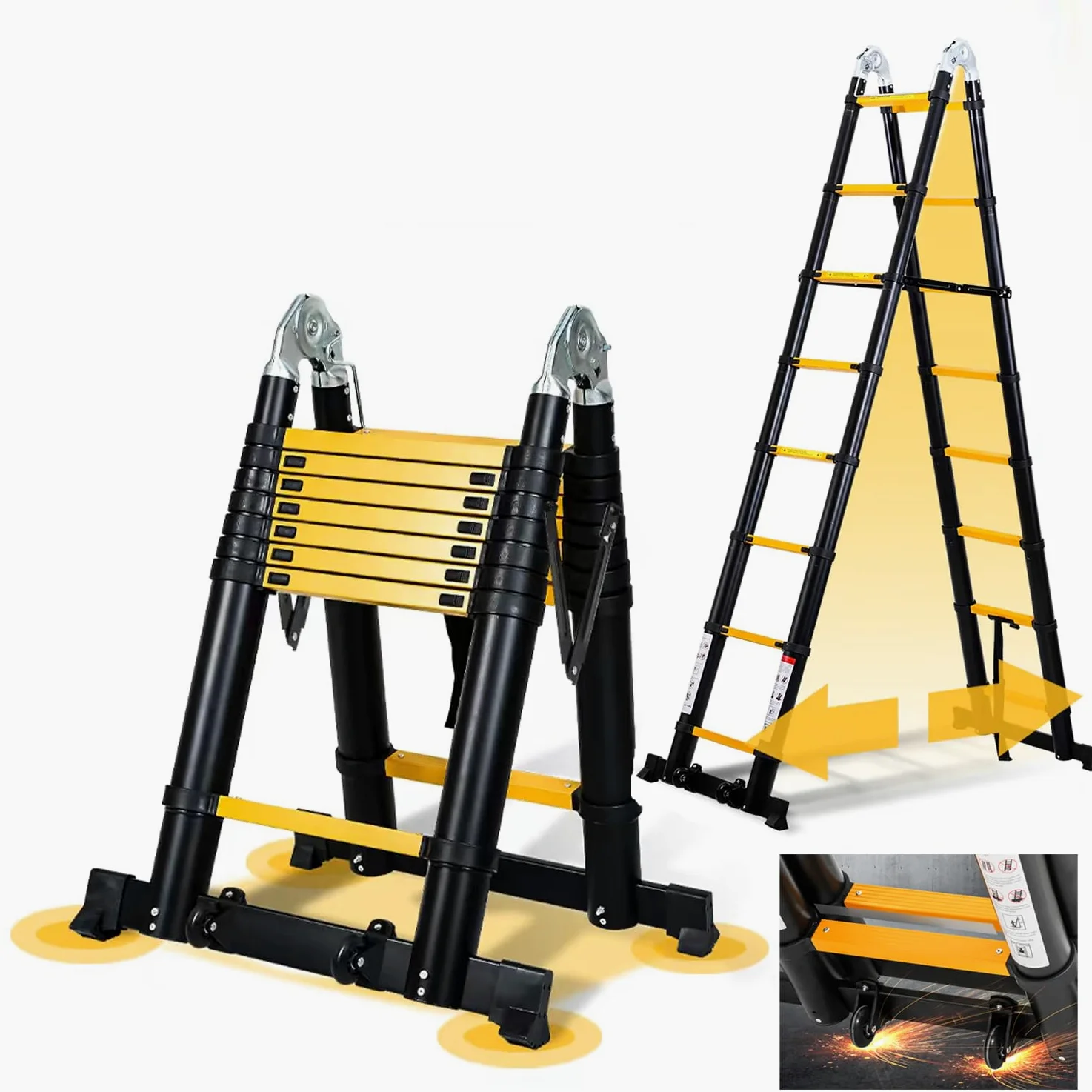 Ikodm Scala telescopica pieghevole in alluminio 5 m, scala alluminio telescopica antiscivolo, scala multiuso in alluminio, portata 150 kg, colore nero e giallo