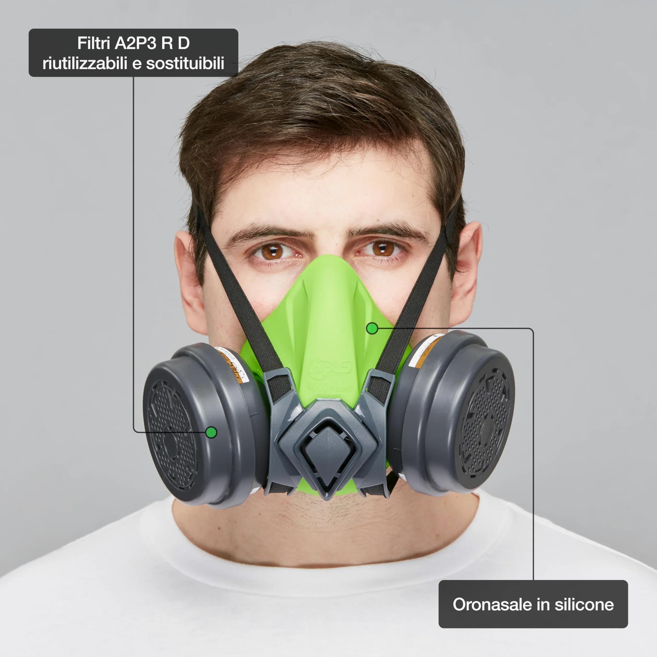 BLS 4600next A2P3 R D Semimaschera Protettiva in Silicone e 2 Filtri Sostituibili 221 A2P3 con Attacco a Baionetta b-lock. Per Gas/Vapori, Polveri, Verniciatura, Stuccatura e Solventi