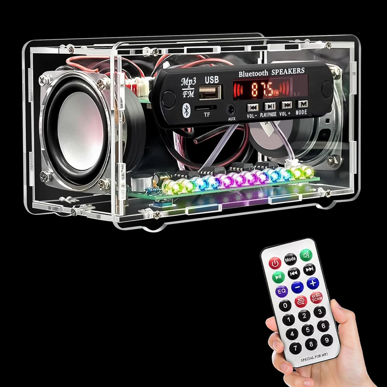 Kit di pratica di saldatura, kit radio FM, kit di altoparlanti Bluetooth fai da te, kit di progetti elettronici per adulti, mini kit amplificatore audio domestico con display digitale (trasparente)