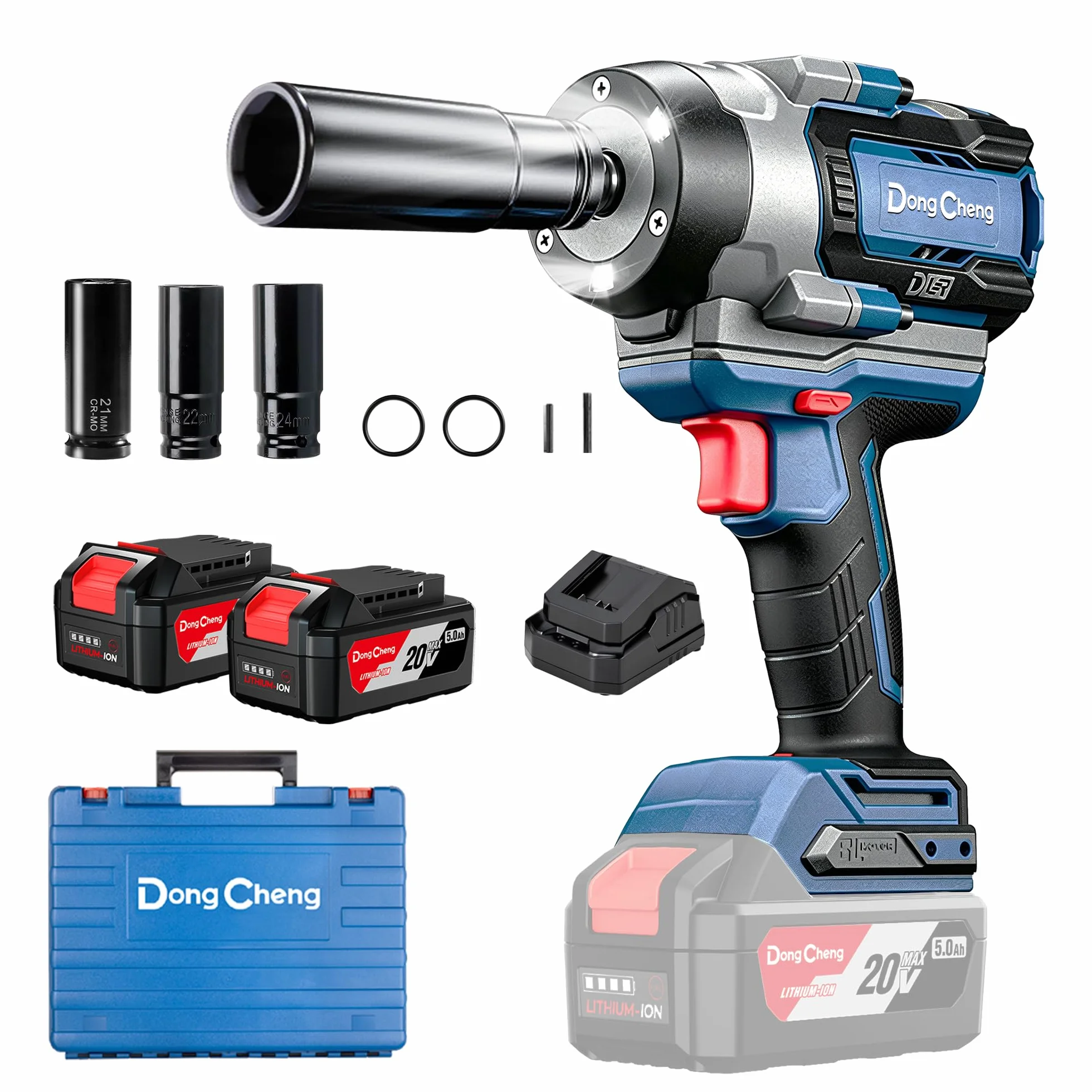 Dong Cheng Chiave a impulsi senza fili Brushless 1/2", 1700 Nm, 3 vel. 0-1900 giri/min, 2x5,0Ah + carica rapida + 3 bussole, per bulloni arrugginiti M10-M24