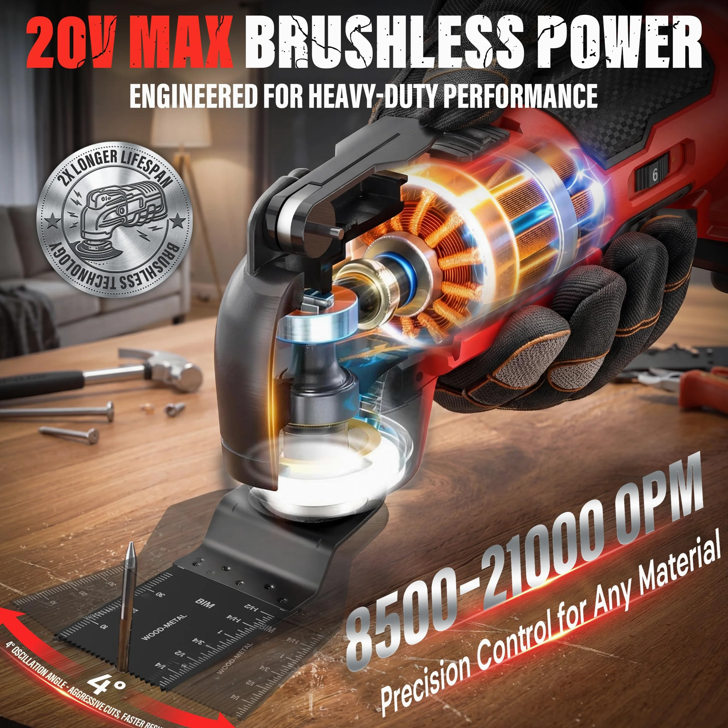 Strumento multifunzione oscillante senza fili 20 V, Brushless Strumento multifunzione senza fili con 6 velocità, 2 x 4.0 A batterie, 8500-21000 giri/min, caricabatterie, angolo oscillante 4°, per