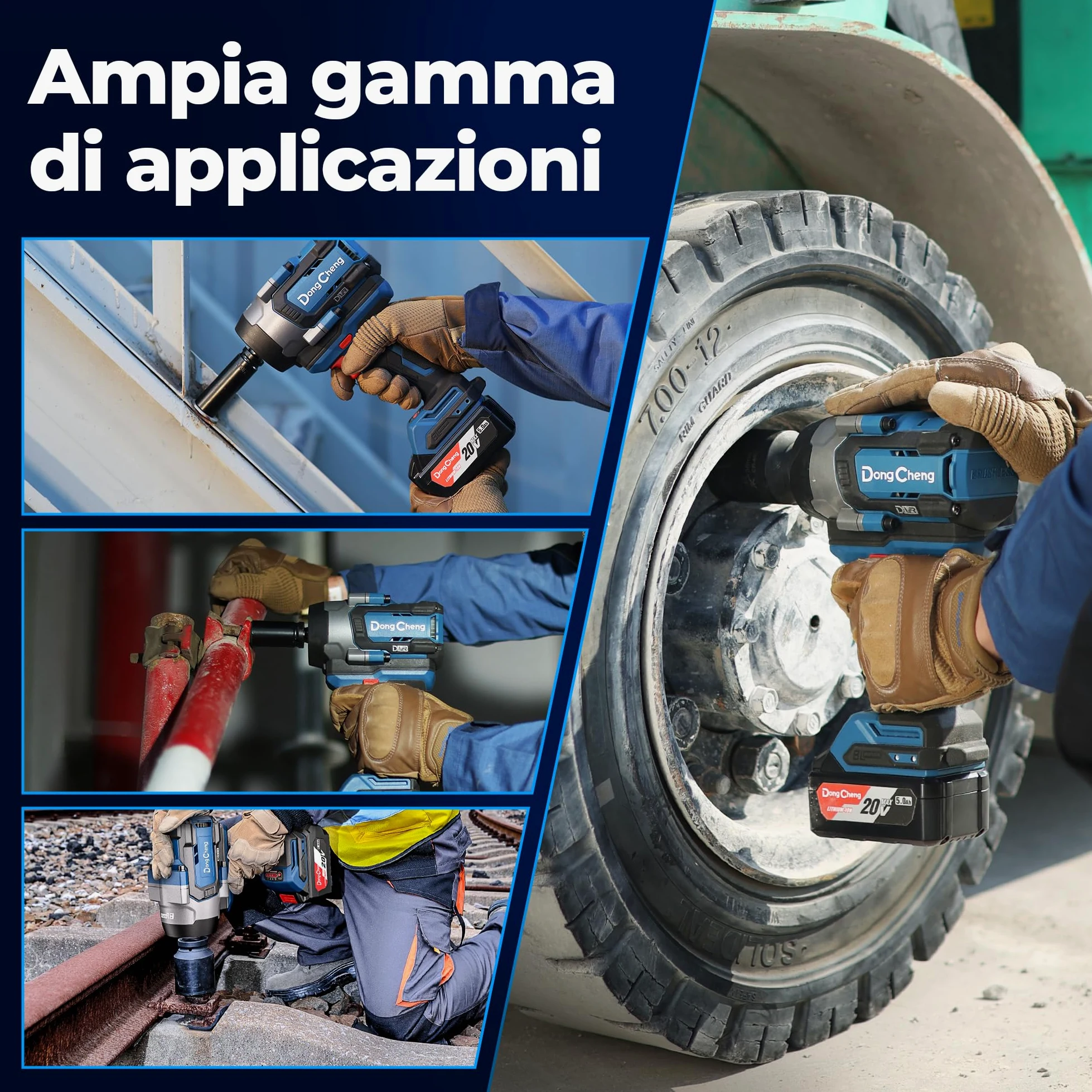 Dong Cheng Chiave a impulsi senza fili Brushless 1/2", 1700 Nm, 3 vel. 0-1900 giri/min, 2x5,0Ah + carica rapida + 3 bussole, per bulloni arrugginiti M10-M24