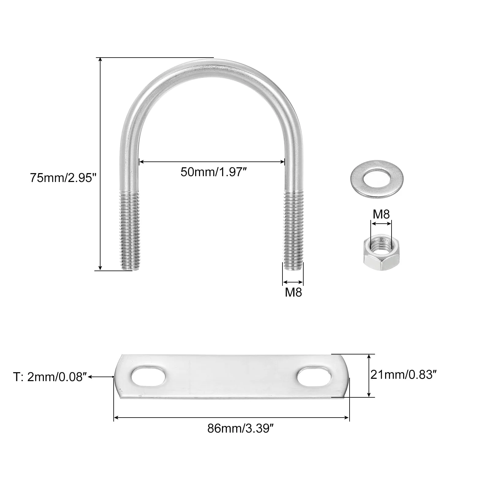 QUARKZMAN Set di Bulloni a U, 8 Set 48mm(1.89") Larghezza Interna 75mm Lunghezza M8 Bullone a U in Acciaio Inossidabile 304 Bulloni a U con Dadi e Piastre, per Rimorchi per Barche