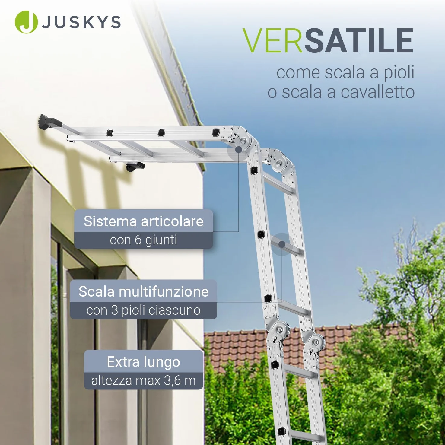 Scala multifunzionale pieghevole in alluminio Juskys 3x4 gradini, 3,6 m, portata fino a 150 kg – snodabile in 4 pezzi