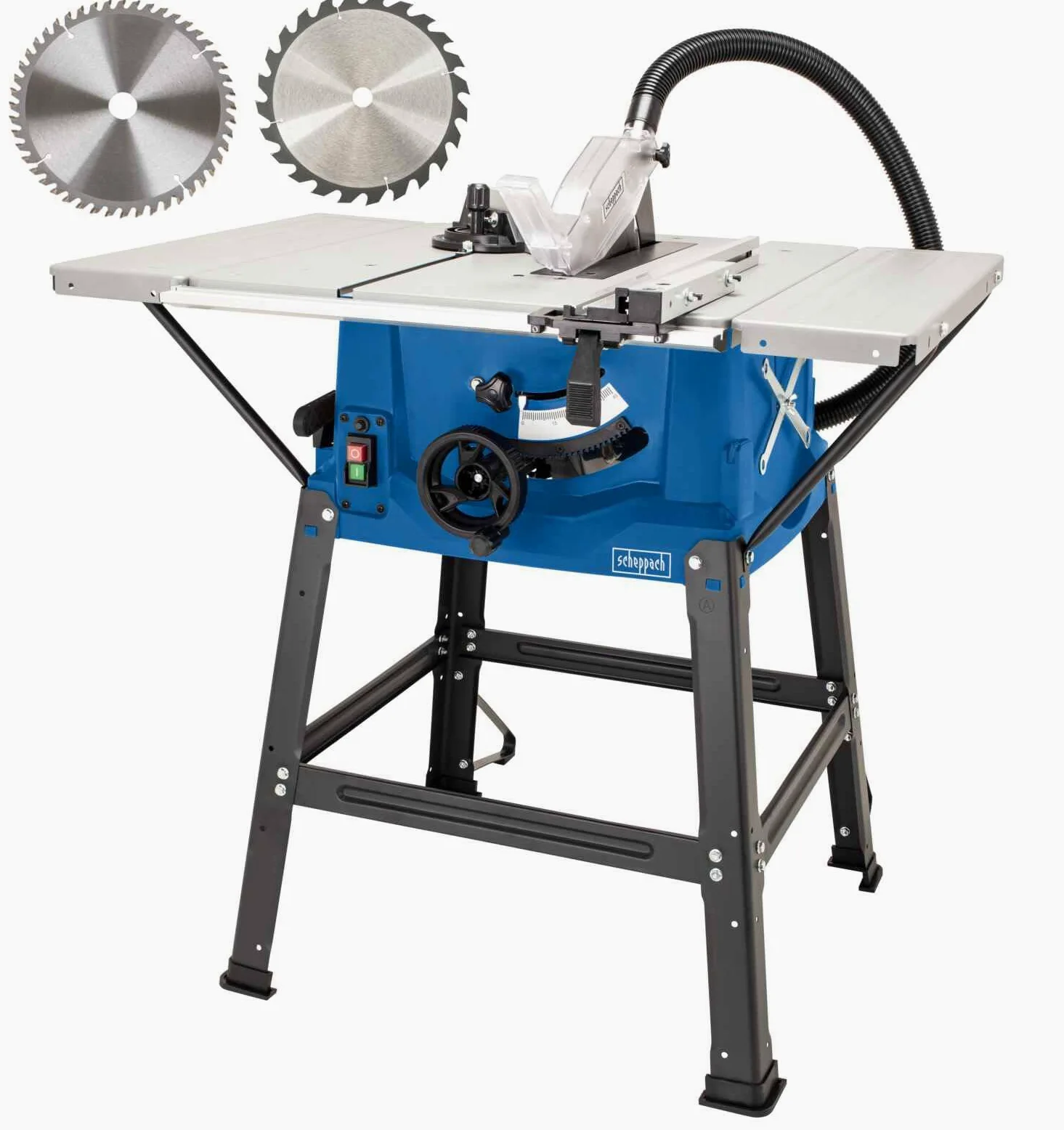 Sega circolare da banco Scheppach HS100S | 230V – 2000W | Altezza di taglio 85mm | Inclusi ampliamenti del tavolo e supporto | Dimensioni del tavolo con ampliamento 642x940mm | Inclusa seconda lama