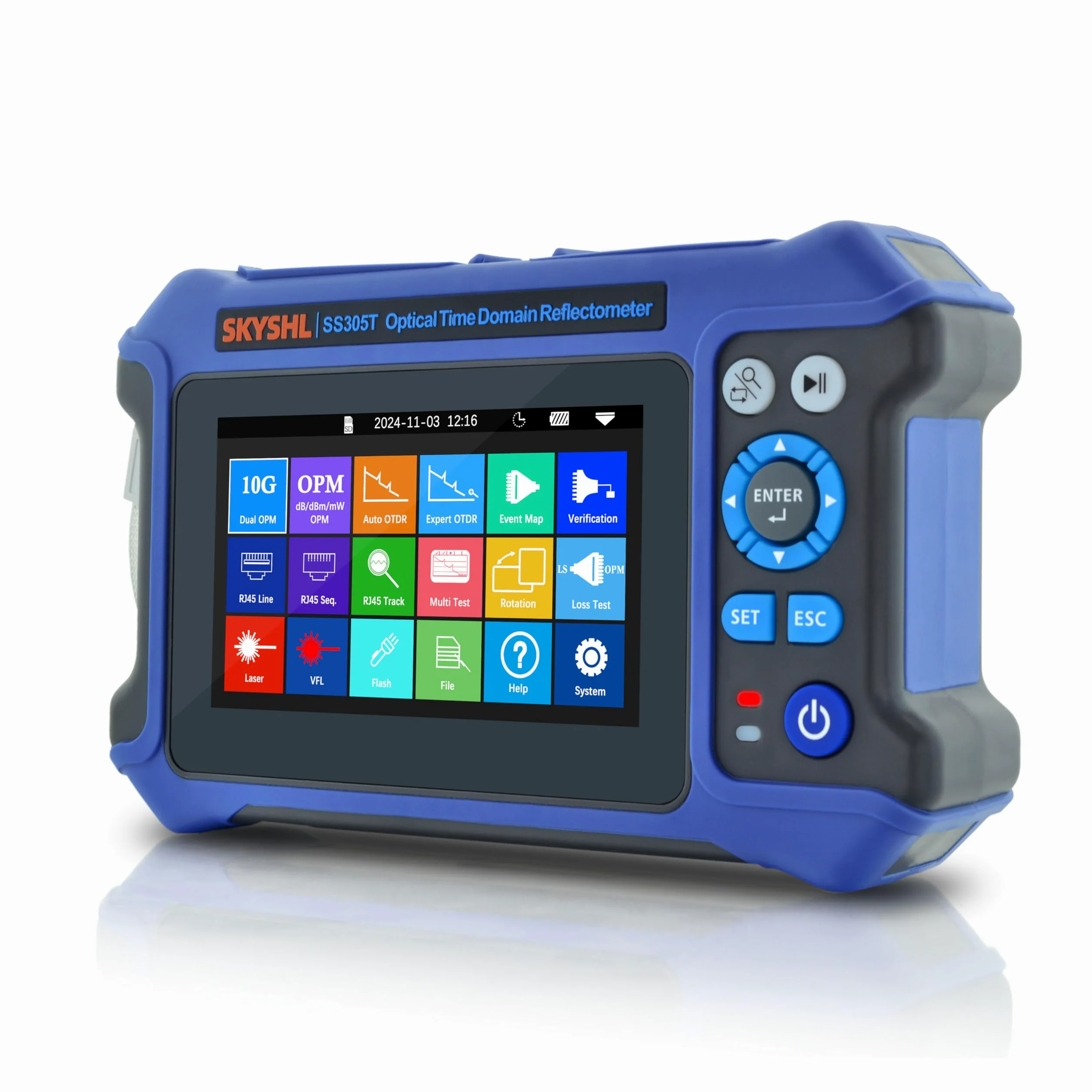 1310nm/28dB+1550nm/26dB SM Fibra OTDR Tester con OPM+10G OPM+OLS+VFL+Mappa degli Eventi+Tester di perdita+Test Multifibre+Test RJ45 con APC&UPC SC+FC+ST+LC-SS305T-2A1