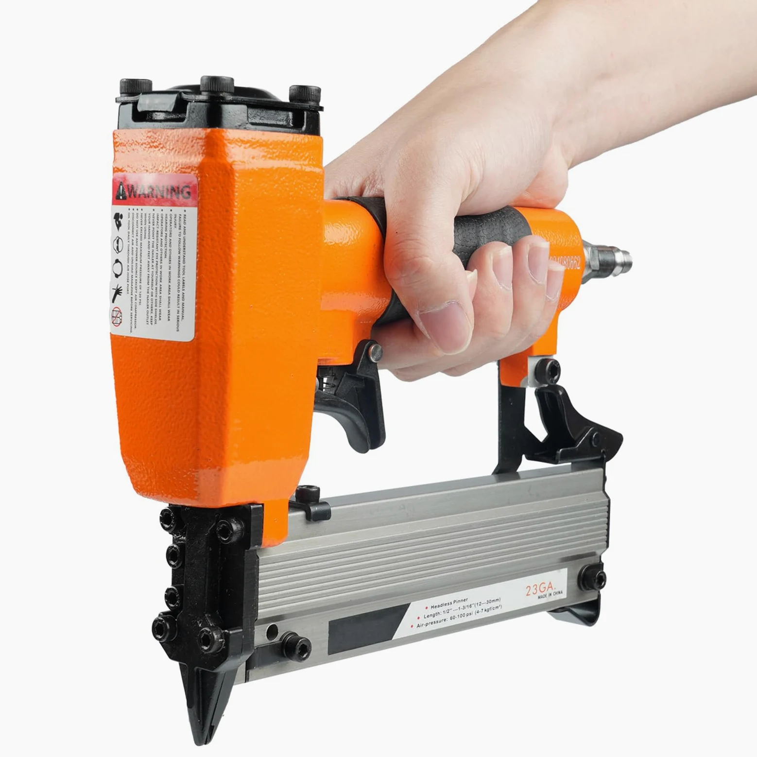 Chiodatrice pneumatica senza testa calibro 23 con grilletto di sicurezza, chiodatrice a spillo, compatibile con perni senza testa da 12-30 mm, pistola ad aria per tappezzeria, mobili, fai da te, ecc.