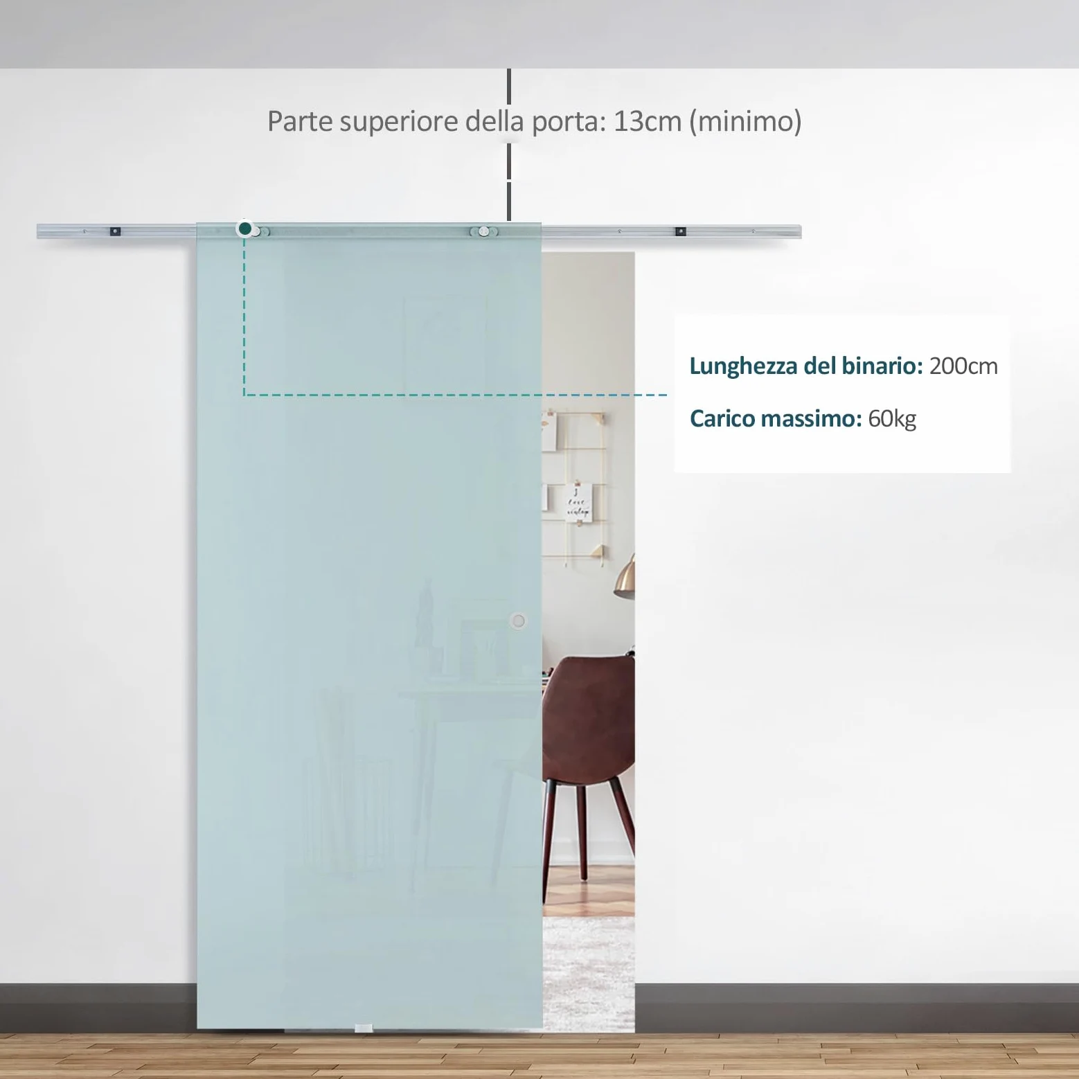 HOMCOM Porta Scorrevole in Vetro Smerigliato con Binario in Alluminio per Bagno Cucina Studio Vetro 205cm