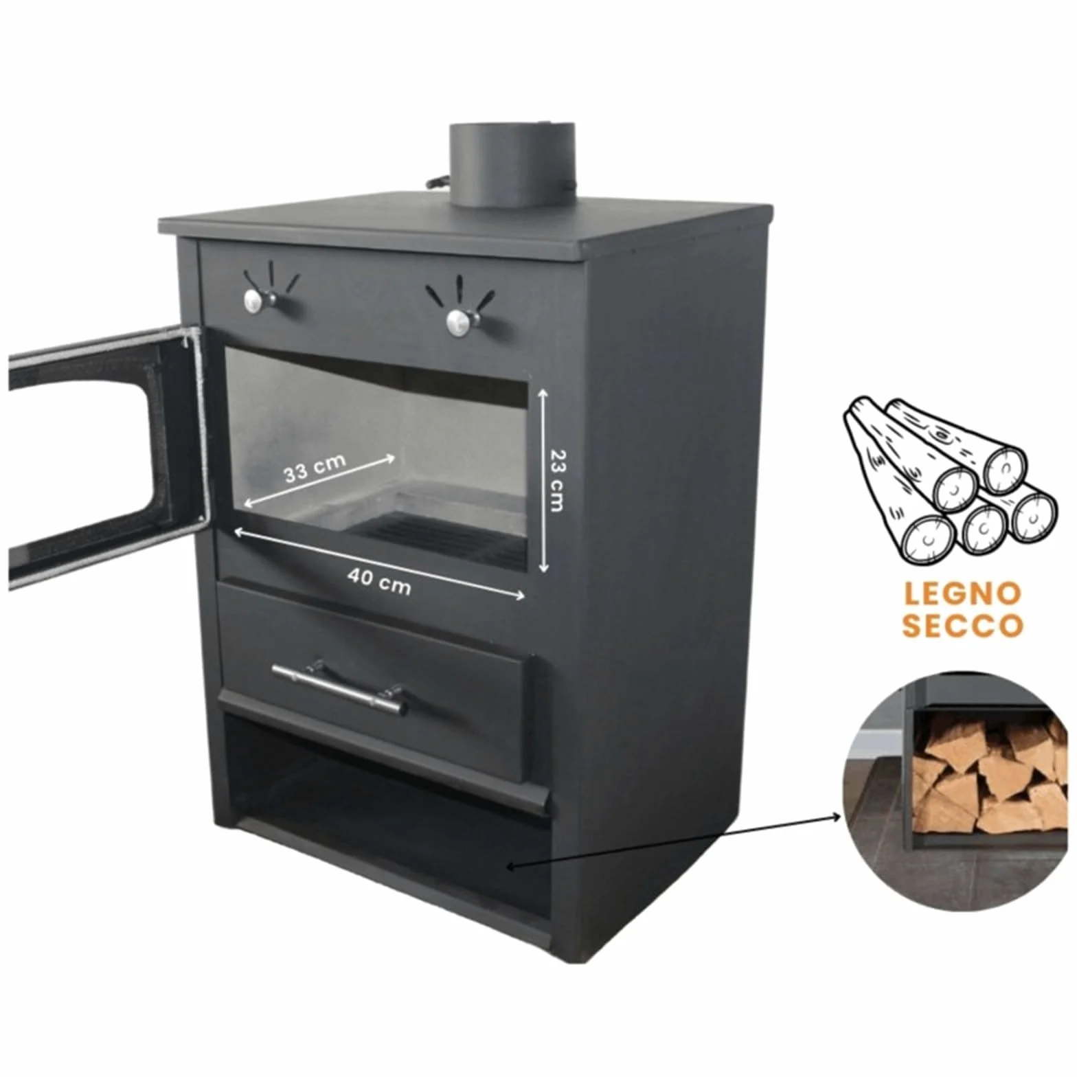 Stufa a Legna in Acciaio 6.9-11 kW Roma con Vetro Ceramico Ampia vista fuoco Portalegna