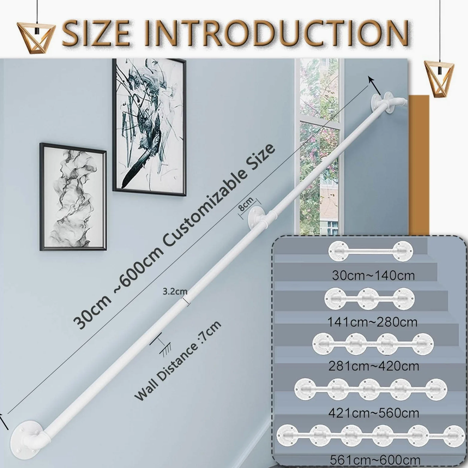 Bianco Scale Ringhiera Corrimano 1m 2m 3m 4m 5m 6m, Asta di Supporto Ringhiera Scale per Disabili Anziani Interni Esterni Maniglione/Maniglie - Supporto 200kg (Size : 200cm)
