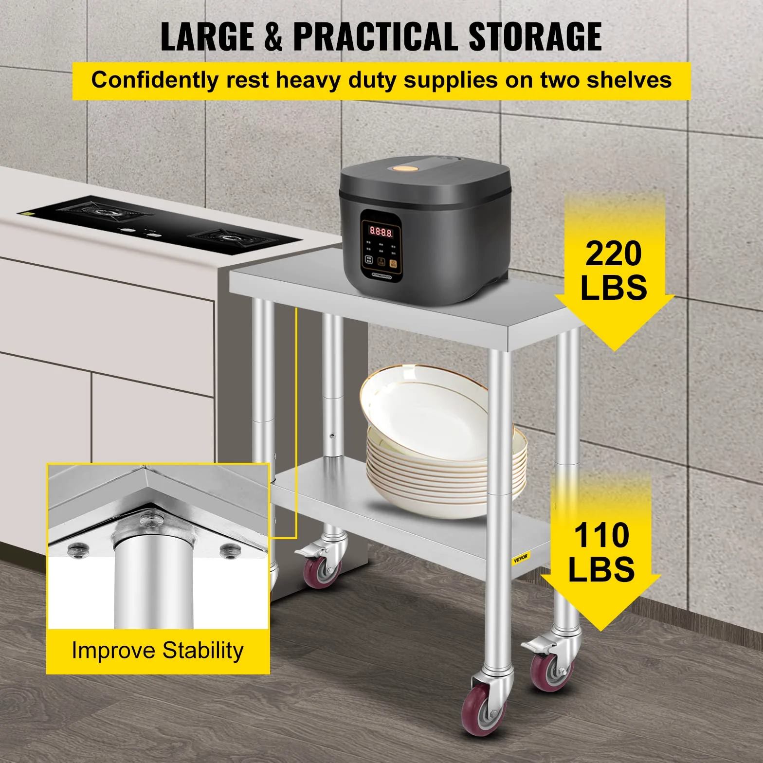 VEVOR Tavolo da Lavoro in Acciaio Inox Piano di Lavoro per Cucina 76x30x86cm Piano di Lavoro Professionale a 4 Ruote per La Preparazione di Alimenti