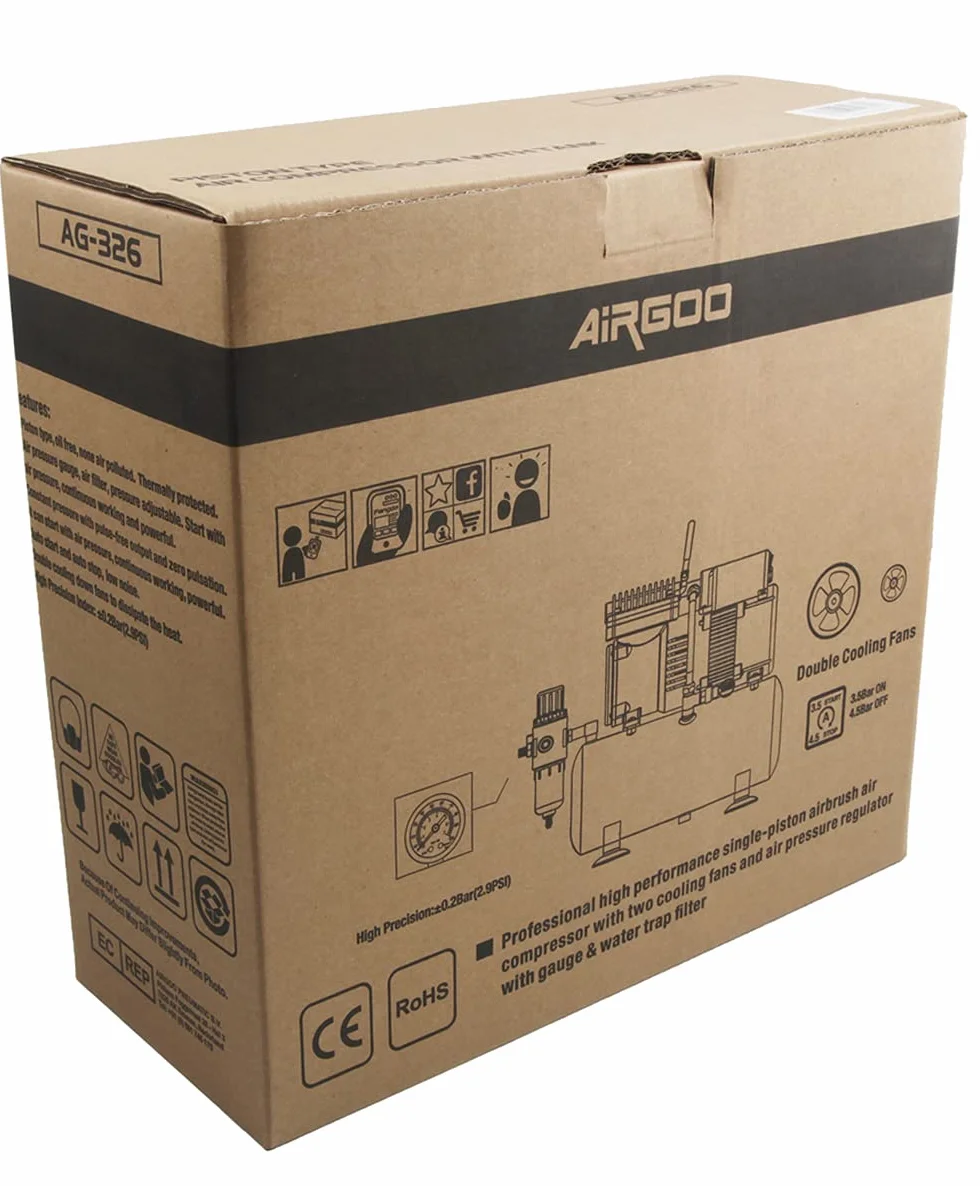 Airgoo Compressore per aerografo Lusso AG-326 con due ventole di raffreddamento e serbatoio dell'aria da 3 l, regolatore, trappola idratante per,tatuaggio, grafica e così via