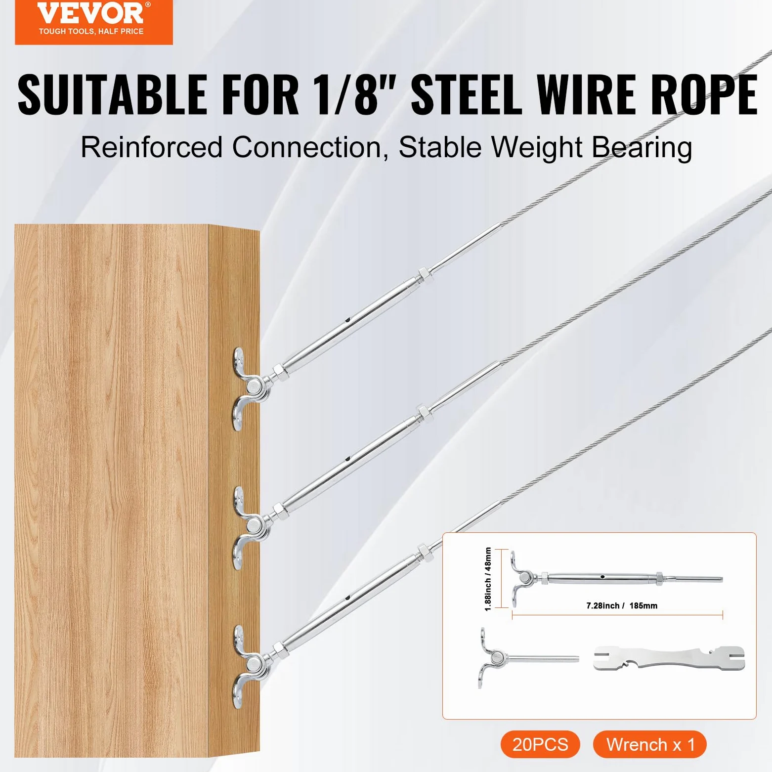 VEVOR Kit ringhiera per Cavi/Hardware per palo in Legno con Angolo Regolabile Acciaio Inossidabile T316, Grado Marino per Fune Metallica da 1/8", Angolo da 0 a 180 Gradi Argento (Confezione da 20)