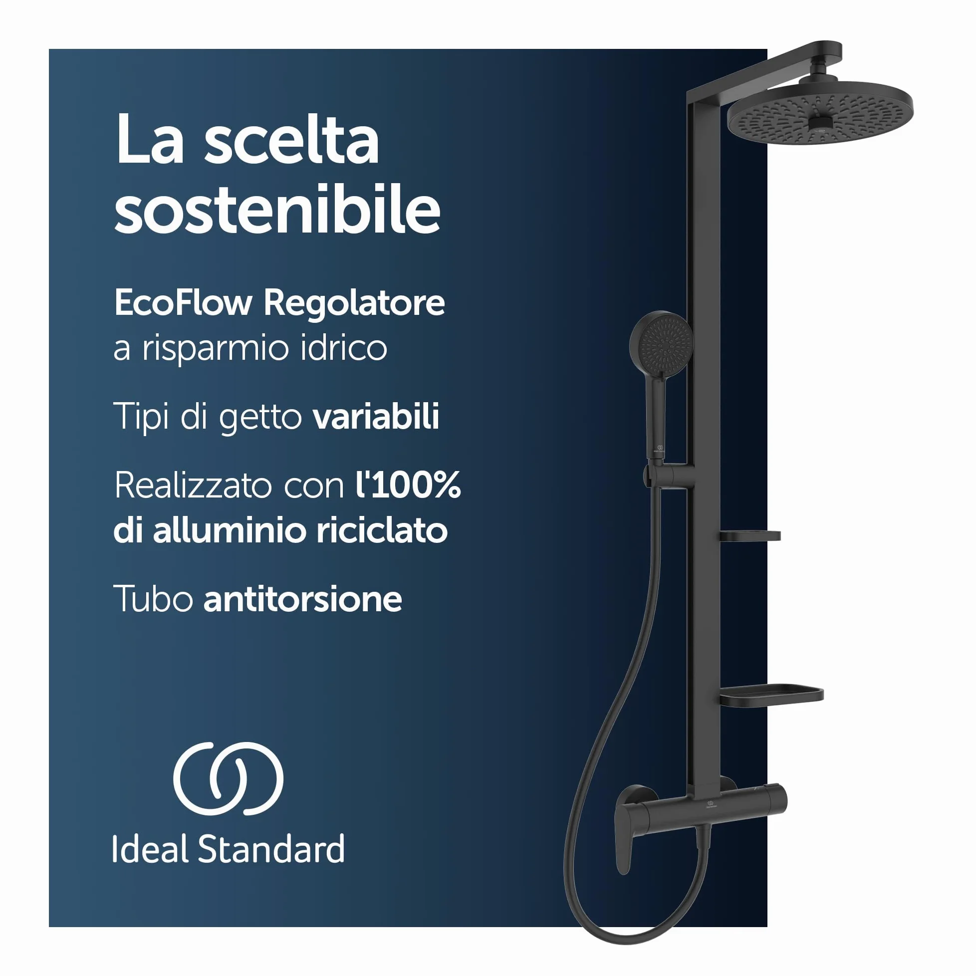 Ideal Standard Ceraflow Alu+ Colonna doccia, Realizzato con l'100% di alluminio riciclato, doccia a risparmio idrico con getti variabili e protezione antiscottatura – Nero Opaco (356x501x1113 mm)