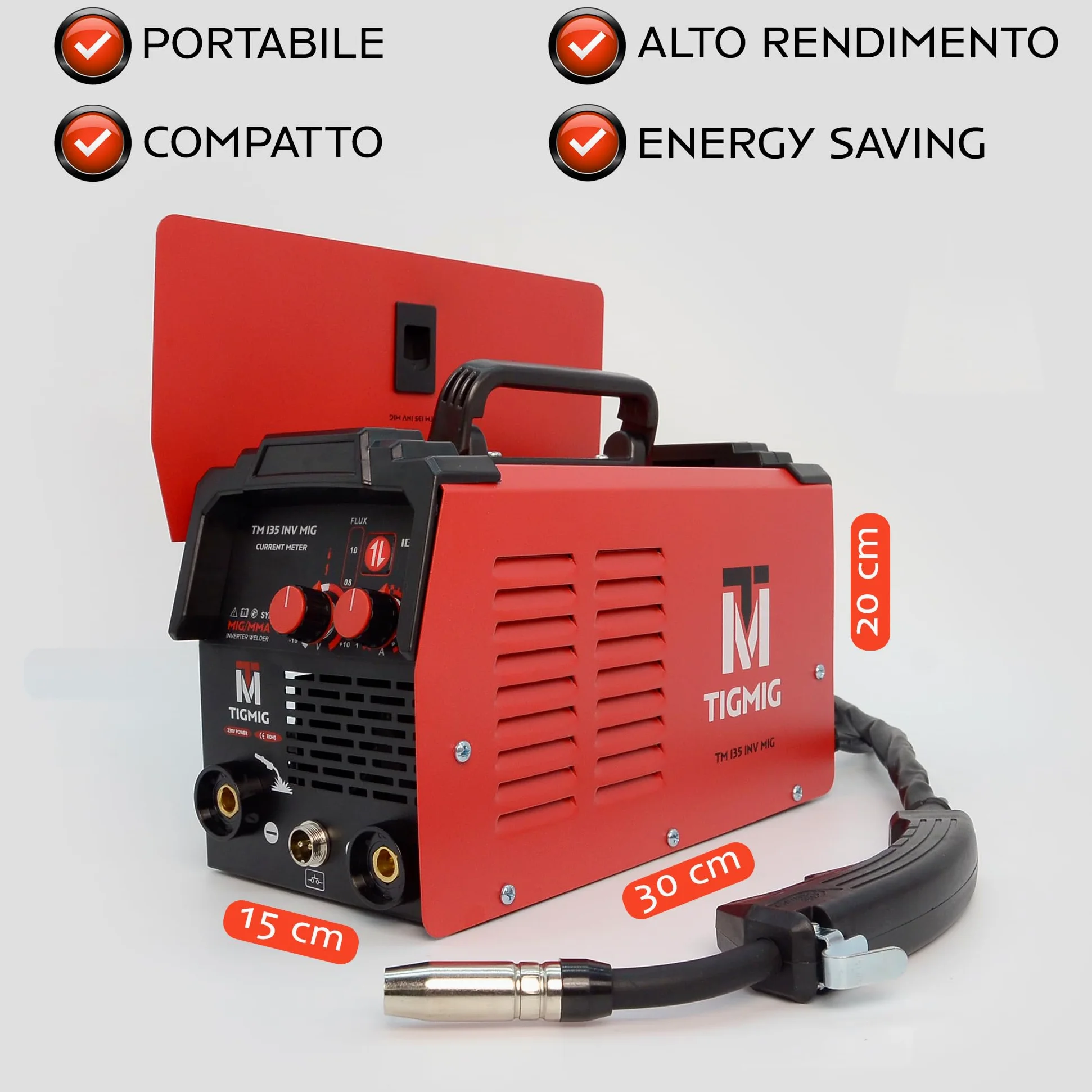 TIGMIG Saldatrice Inverter Filo Continuo FLUX NO GAS + MMA Elettrodo, Mod. TM135INVMIG, Per Filo Animato ⌀0,8/1,0mm, 120A, Inverter IGBT, Inclusa bobina 0,8mm da 0,45kg, GARANZIA e ASSISTENZA ITALIA