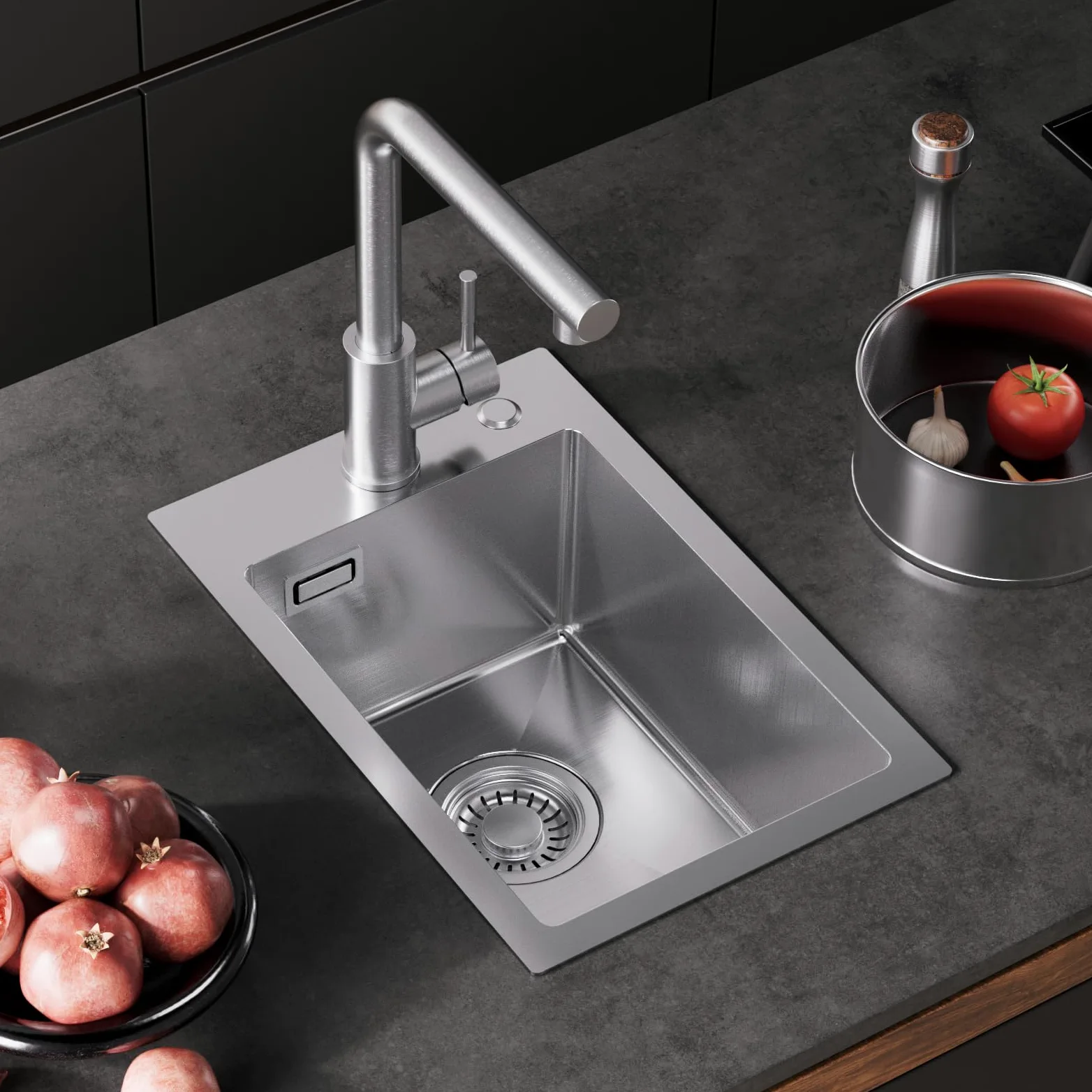 CECIPA Lavello Cucina 1 Vasca 30 x 45cm, Lavandino Cucina in Acciaio Inox quadrato, Lavabo Piccolo Montaggio Incasso o Superiore, Superficie Spazzolata, con Sifone