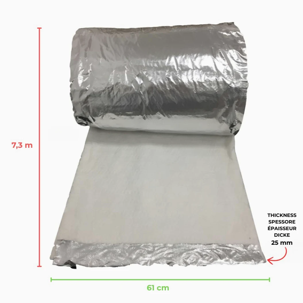 EINSIDE Feltro per isolamento fibra ceramica e alluminio, Densità 64 kg/m³ | Lunghezza 7,3 m, Larghezza 61 cm, Spessore 2,5 cm