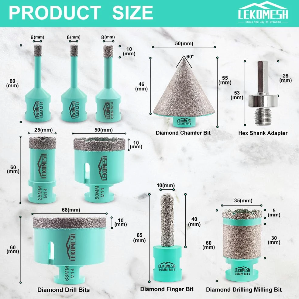 Punte Diamantate per Piastrelle - 10 pezzi (6/6/8/25/50/68mm+10mm Fresa Diamantata+35mm Fresa Diamantata+50mm Punte per Smusso+Adattatore) Seghe a Tazza per Gres Ceramica