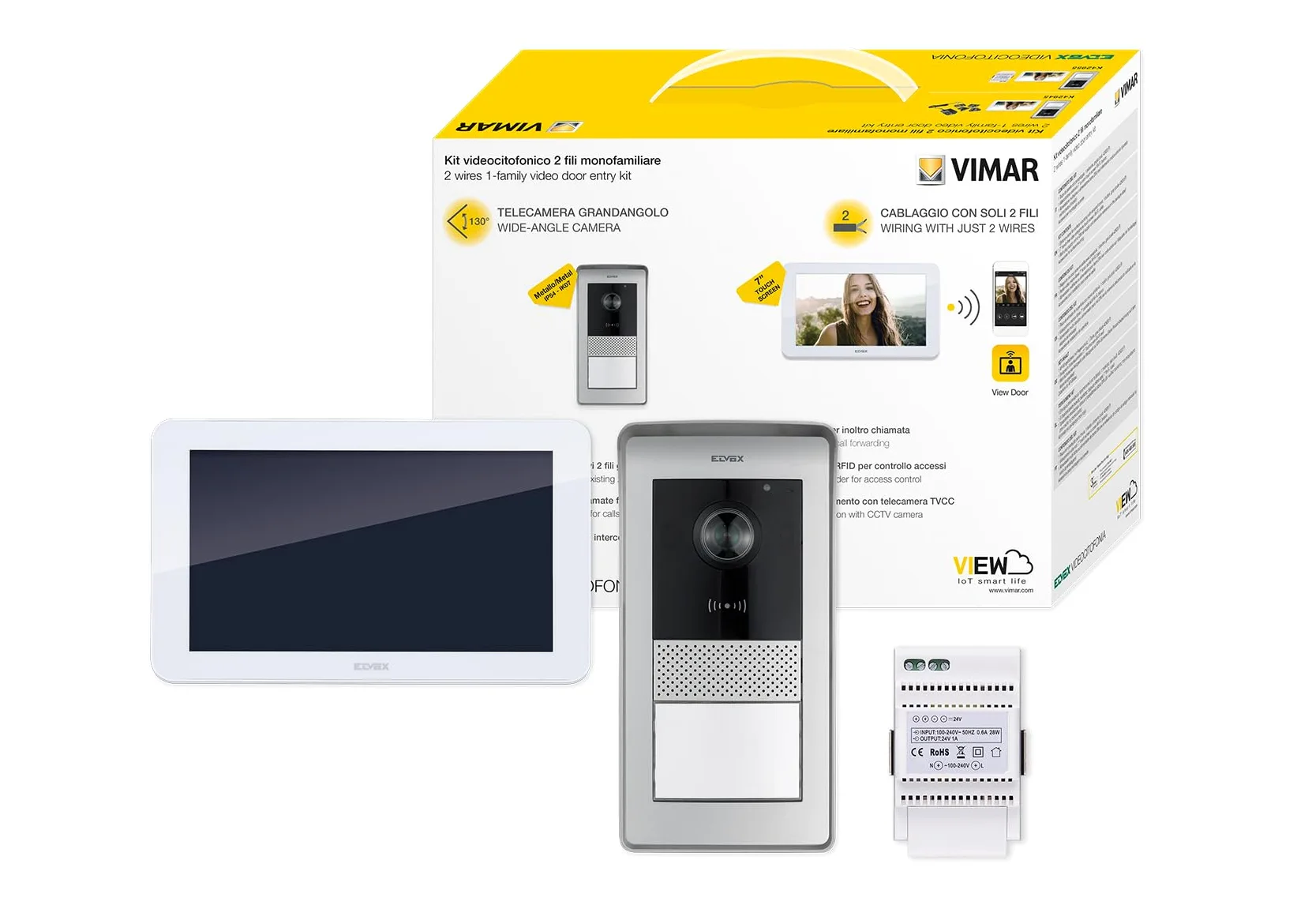 Vimar K42955 Kit videocitofono WIFI monofamiliare, alimentatore barra DIN, touch screen vivavoce Wi-Fi a colori LCD 7", targa audiovideo RFID