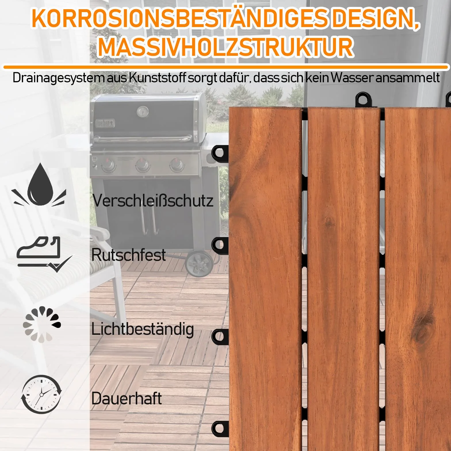 Piastrelle in legno, 55 pezzi, in legno di acacia, 30 x 30 cm, 11 piastrelle per 1 m², per esterni, interni, balcone, con sistema di drenaggio e fissaggio a incastro, marrone