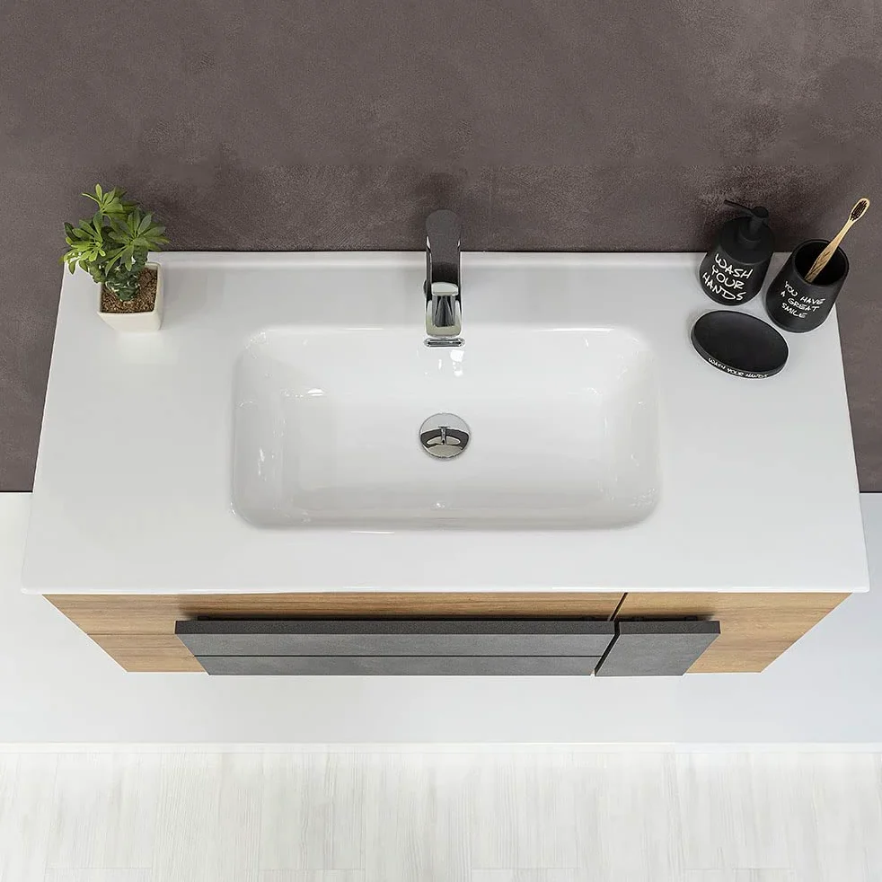 Lavabo consolle da Incasso su Mobile, Rettangolare in Ceramica Bianco Lucido, con Foro troppopieno