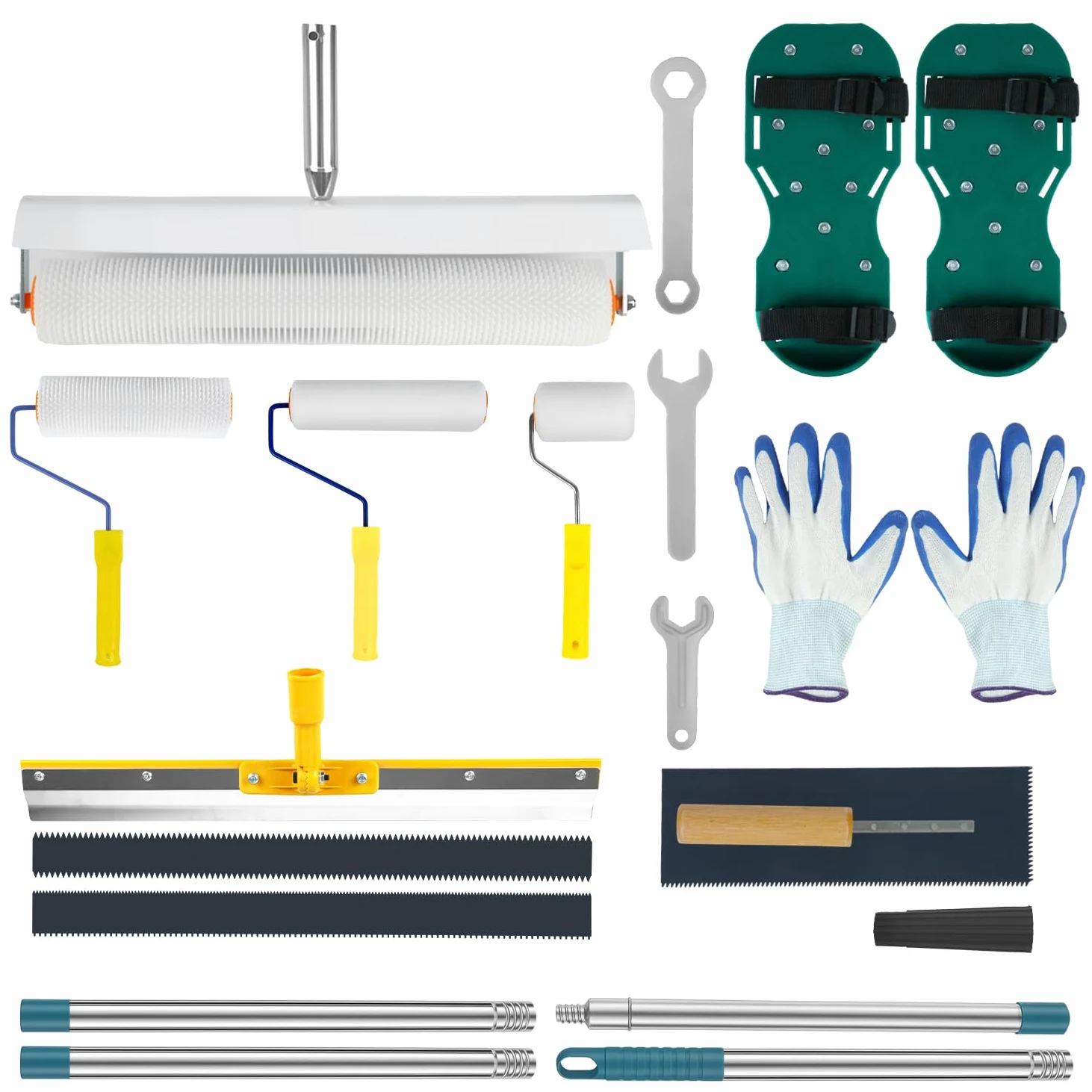 Kit di Strumenti Autolivellanti per Cemento con Rullo Frangibolle, Rullo Pittura, Scarpe Chiodate per Prato, Asta Telescopica, Spatola, Cazzuola di Guanti per Autolivellante per Pavimenti