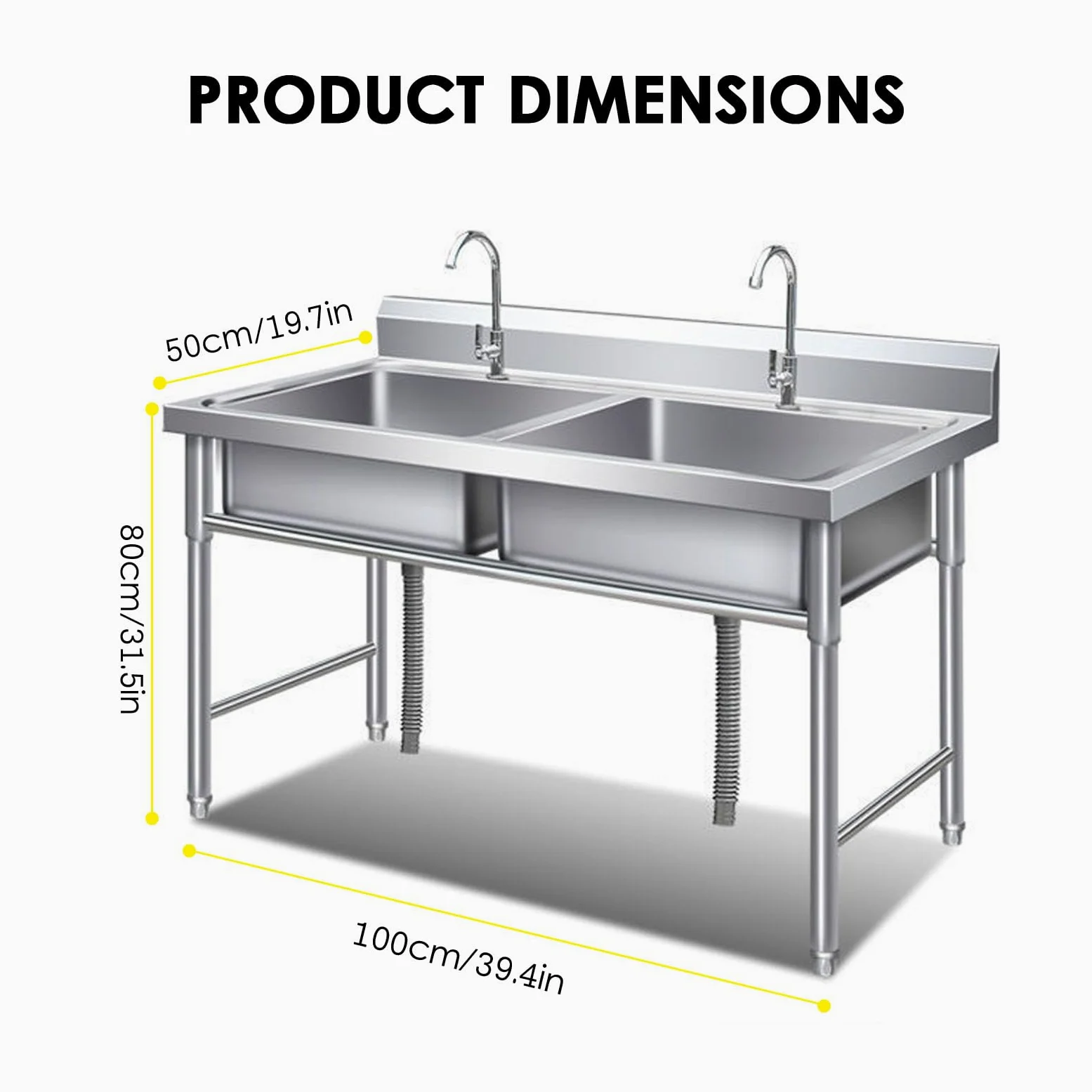 Lavello Autoportante in Acciaio Inox 2 Vasche, Lavandino da Esterno con Filtro per Rifiuti, Kit di Scarico, Lavello Professionale per Cucina, Garage, Lavanderia, Ristorante