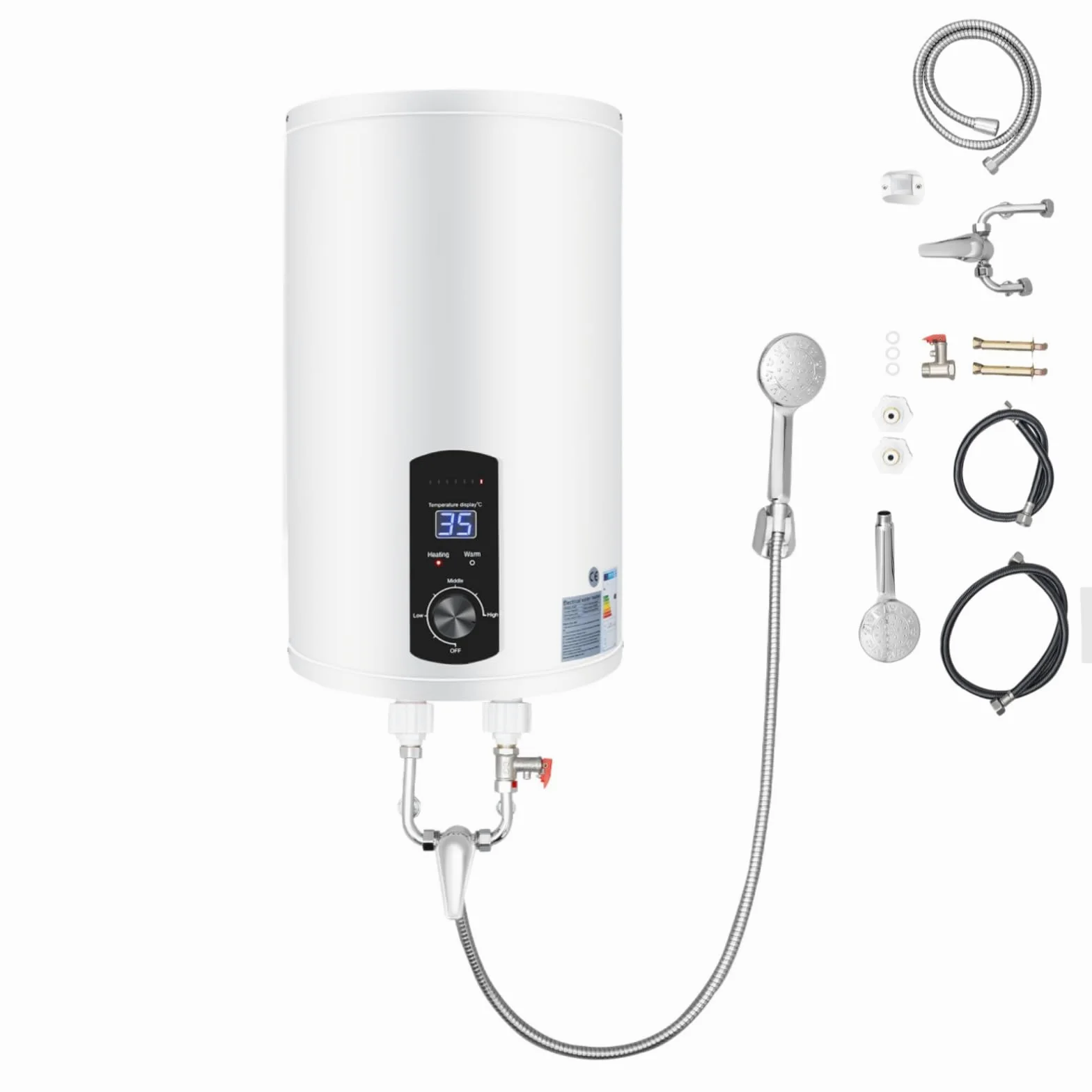 Scaldabagno elettrico ad accumulo | 2000 W elettrico istantaneo | Boiler ad acqua da parete con doccetta e tubi | Intervallo di controllo della temperatura: 25 – 75 °C | Capacità contenitore 30 – 70 L