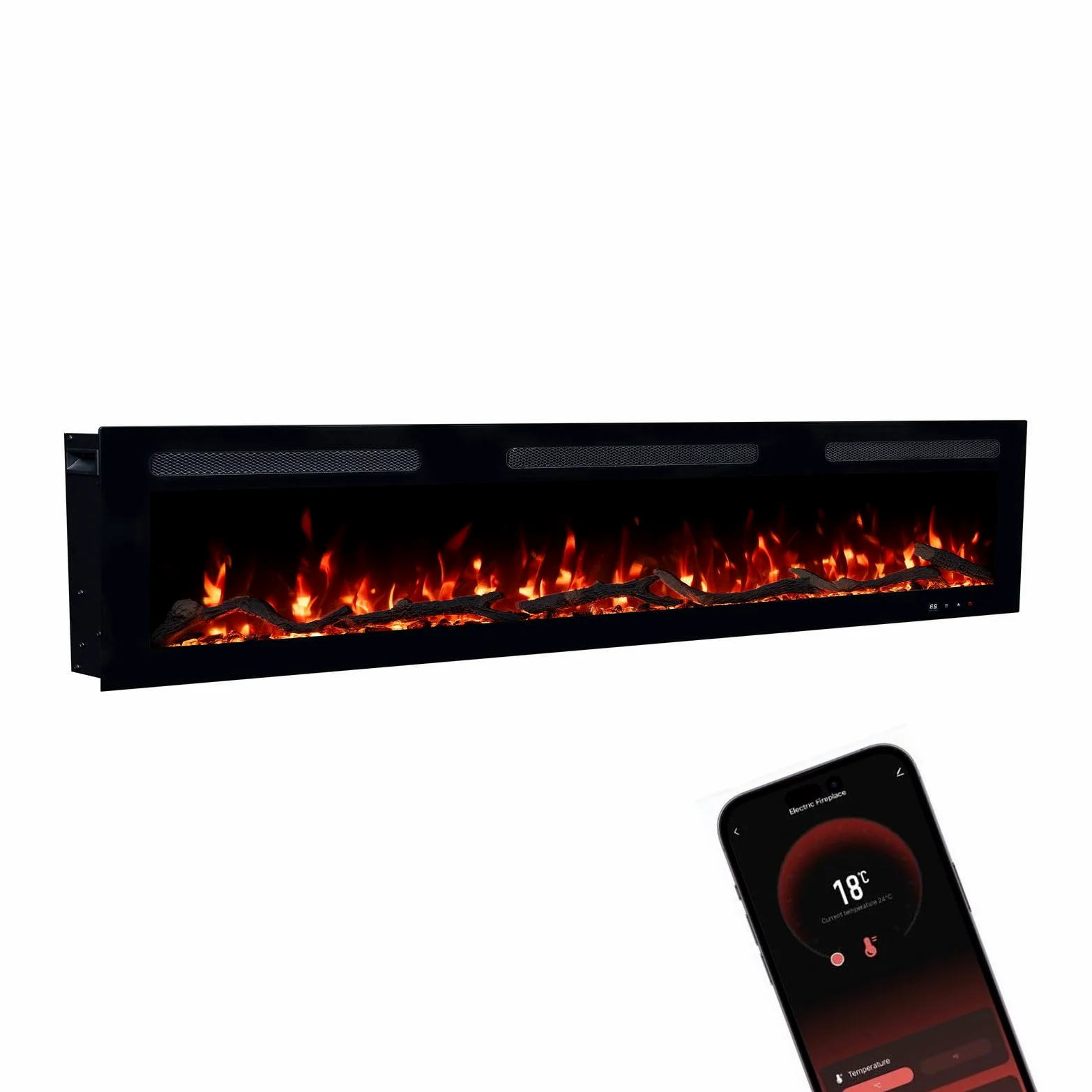 GLOW FIRE Camino elettrico Inside 182 con fuoco LED realistico 3D – Camino elettrico da parete con riscaldamento e camino, controllo app, effetto scoppiettante e timer, max. 1800 W, 182 x 35 x 12 cm