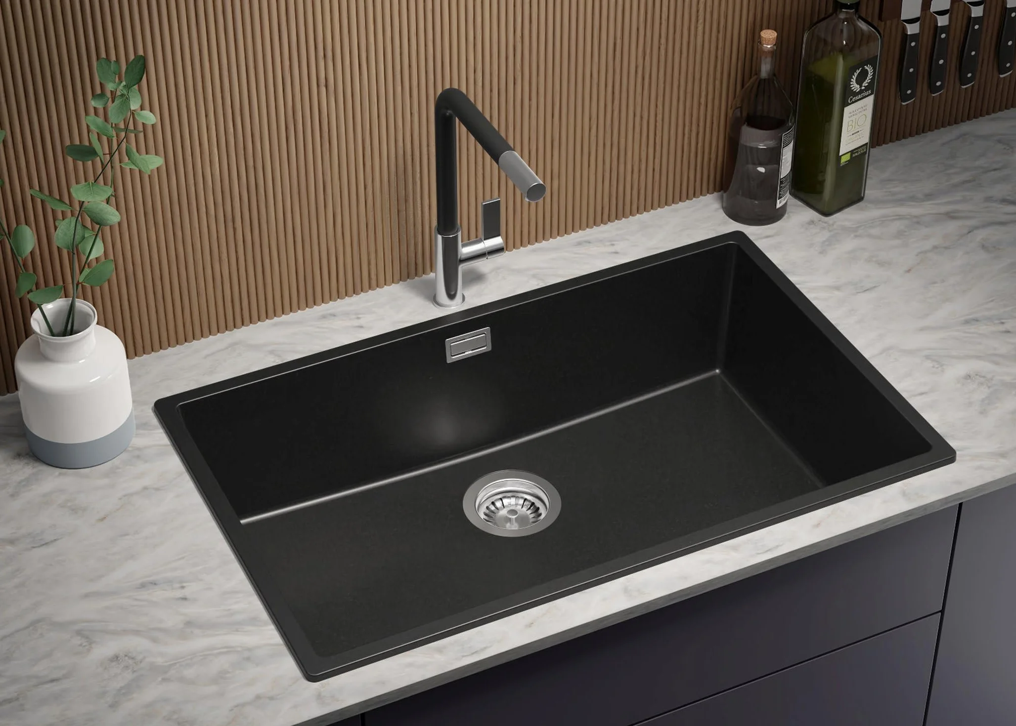 PRIMAGRAN Lavello da Cucina Nero 76x47cm, Lavandino in Granito a 1 vasca + Sifone Classico, Lavabo da Cucina Incasso al Mobile 80cm - London Slim S477