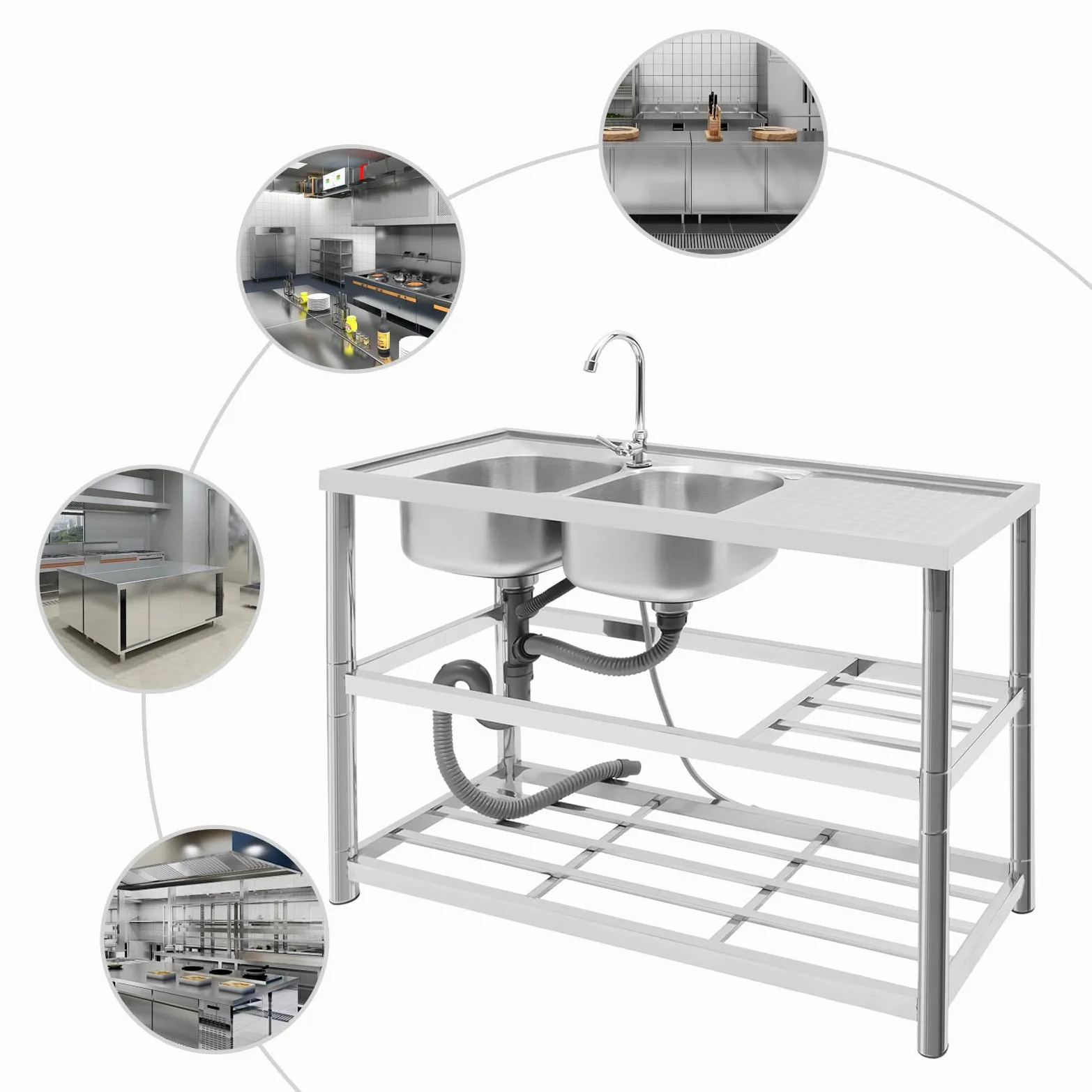 Lavello da cucina in acciaio inox, a 2 vasche a 3 livelli, autoportante, con rubinetto, per ristorante, campeggio, 120 x 45 x 80 cm, con accessori e scolapiatti