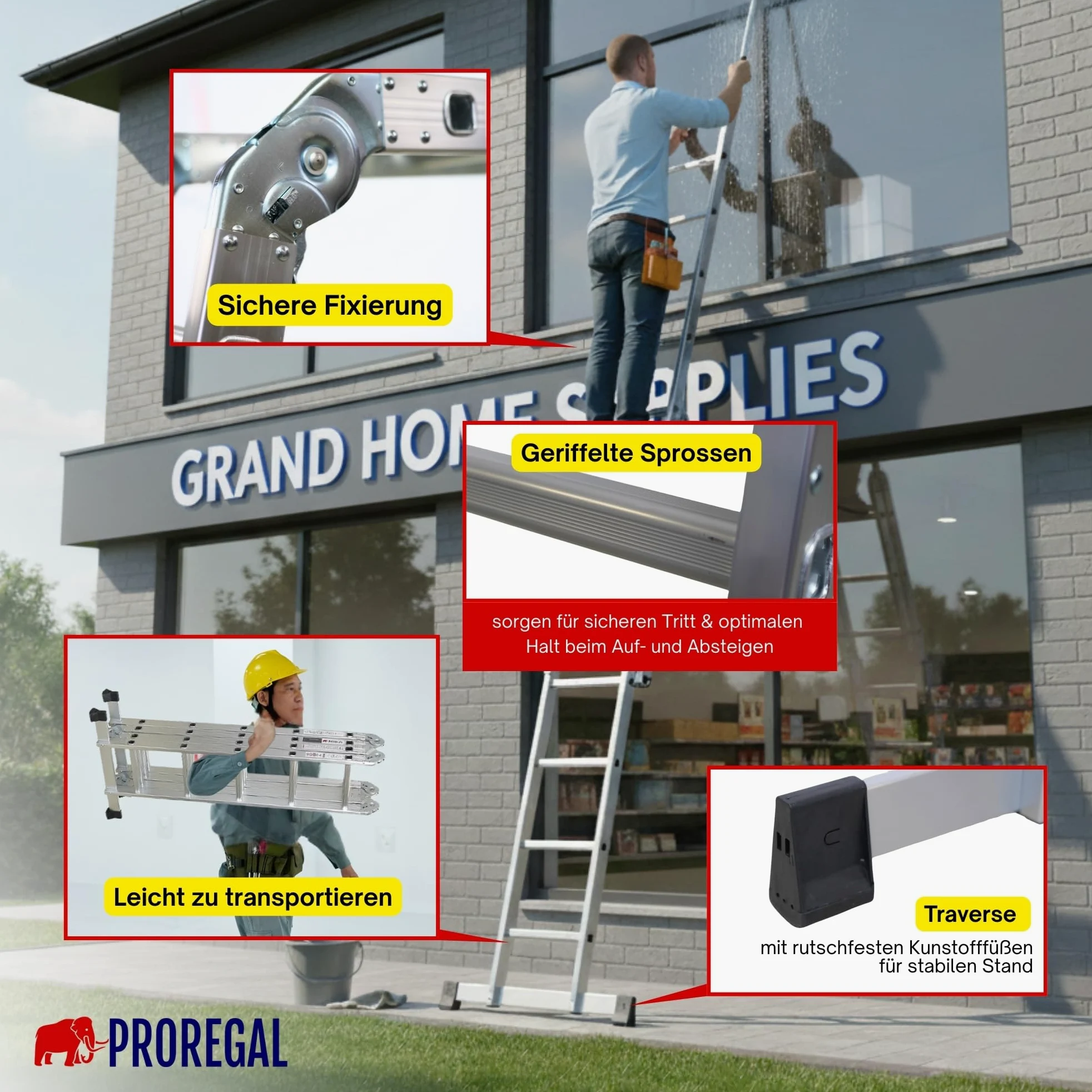 PROREGAL Scala multiuso a pioli MULTISTEP, 4 sezioni in alluminio, 4x5 pioli, altezza fino a 5,7 m, portata 150 kg, ponteggio di lavoro, scala a pioli, scala a pioli appoggiata